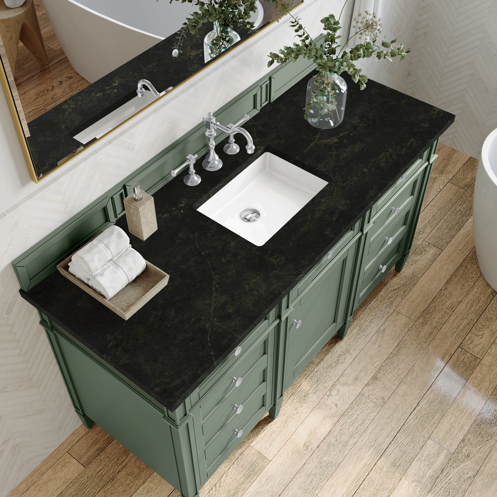 Renovate for Less Atlanta Brittany 60" Single Vanity, Smokey Celadon, w/ 3 CM Phantome Eclos Top