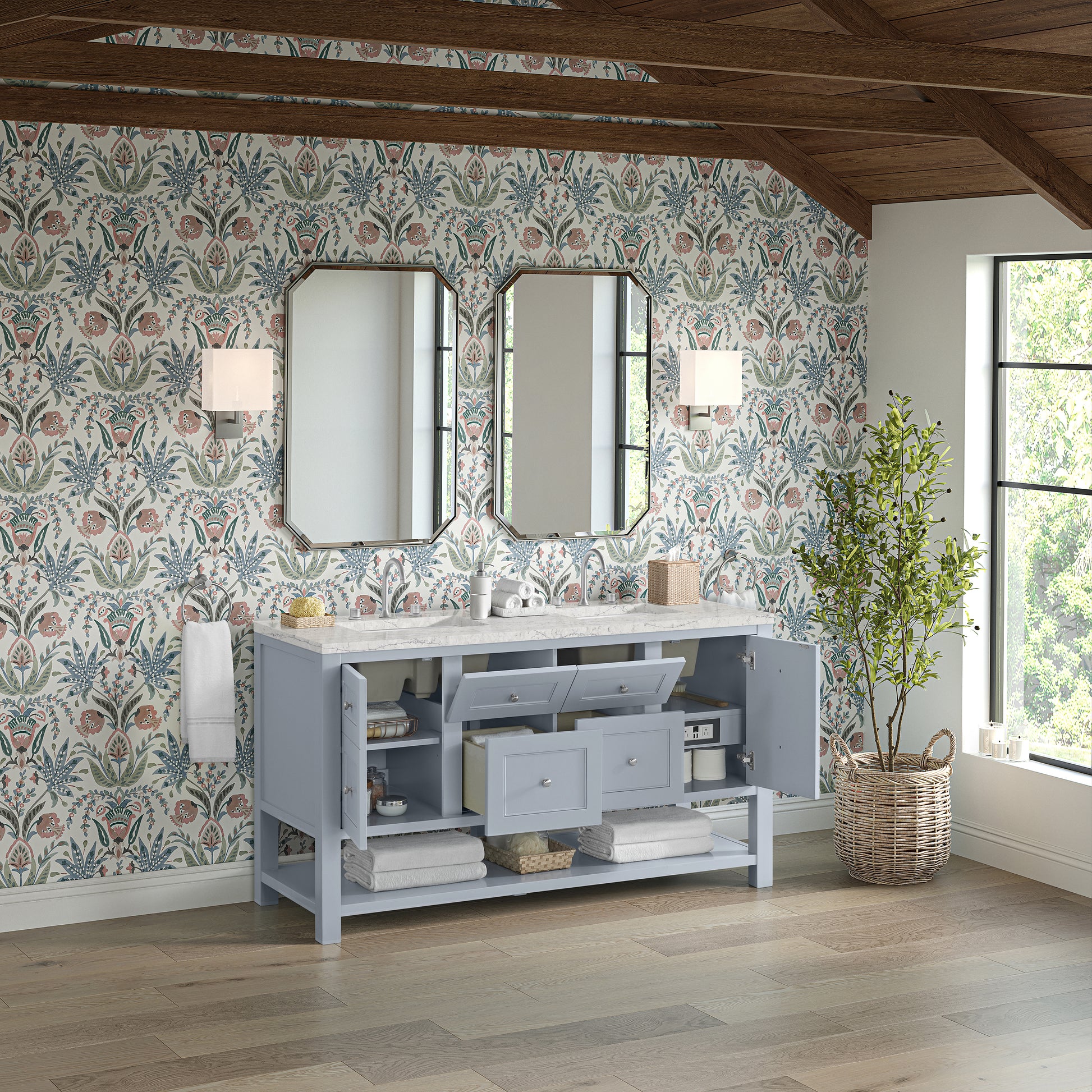 Renovate for Less Atlanta Breckenridge 60" Double Vanity, Serenity Blue, w/ 3 CM Eternal Jasmine Pearl Quartz Top w/FreePower Wireless Charger