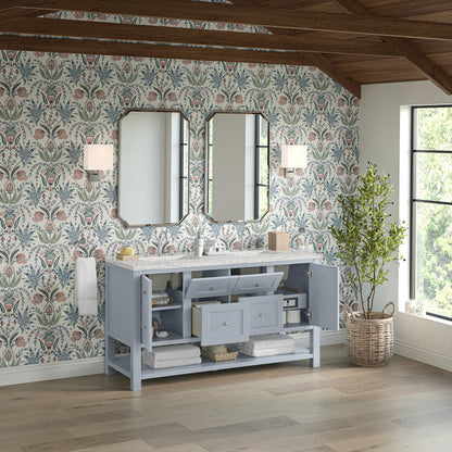 Renovate for Less Atlanta Breckenridge 60" Double Vanity, Serenity Blue, w/ 3 CM Eternal Jasmine Pearl Quartz Top w/FreePower Wireless Charger