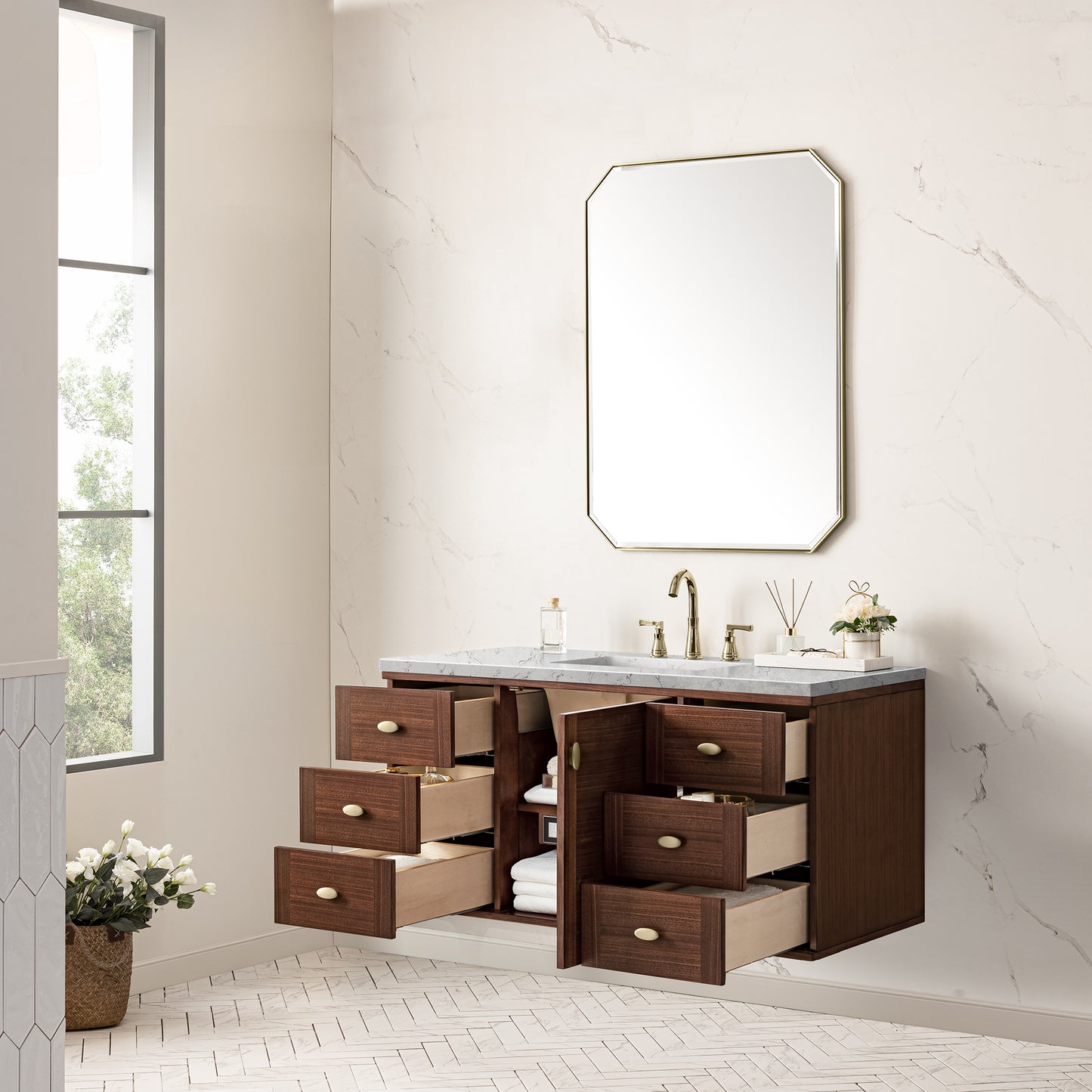 Renovate for Less Atlanta Amberly 48" Single Vanity, Mid-Century Walnut w/ 3 CM Eternal Jasmine Pearl Top