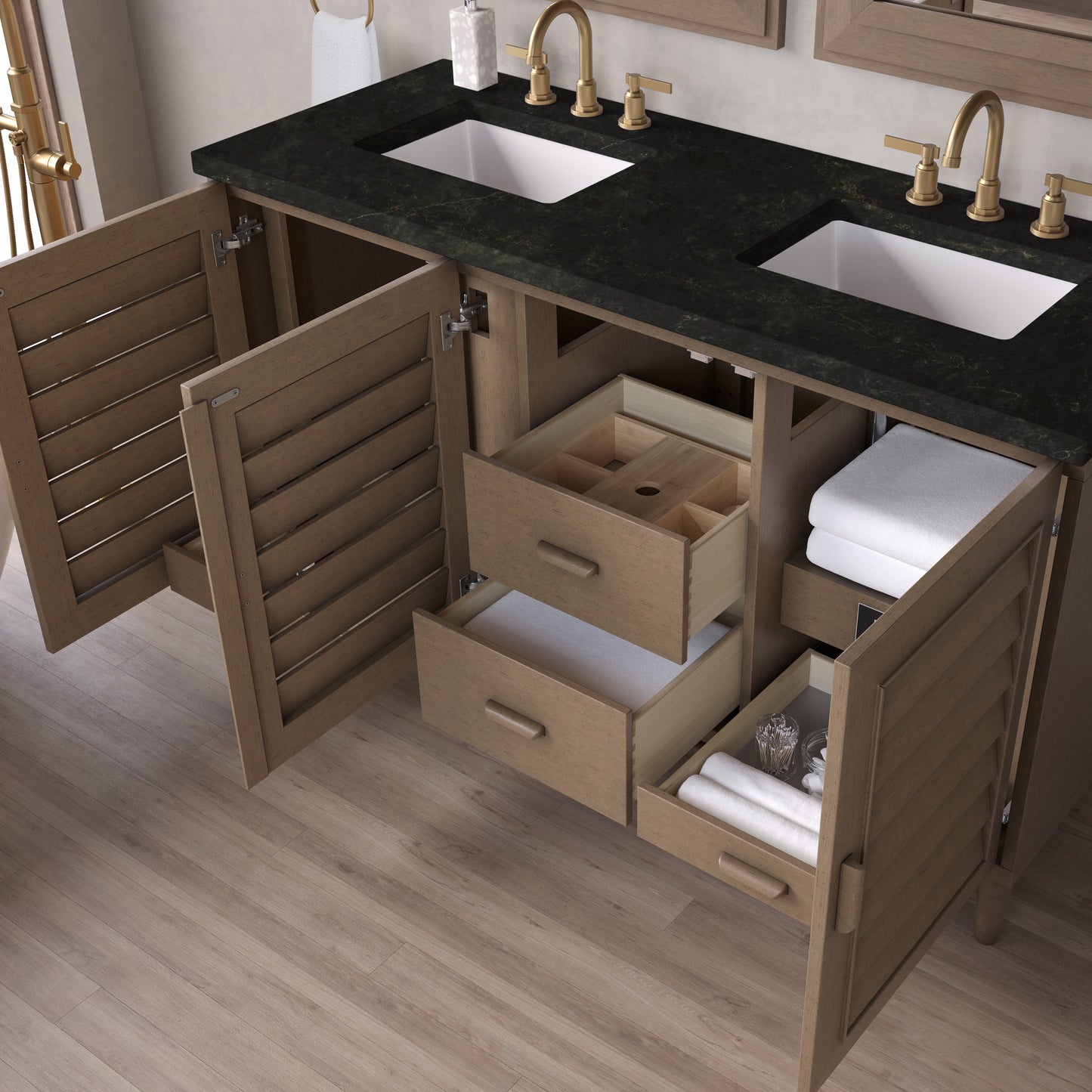 Renovate for Less Atlanta Portland 60" Double Vanity, Whitewashed Walnut, w/ 3 CM Phantome Eclos Top