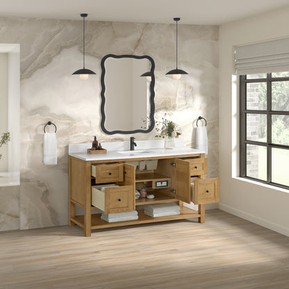 Renovate for Less Atlanta Breckenridge 60" Single Vanity, Light Natural Oak, w/ Single Hole 3 CM White Zeus Quartz Top & Backsplash