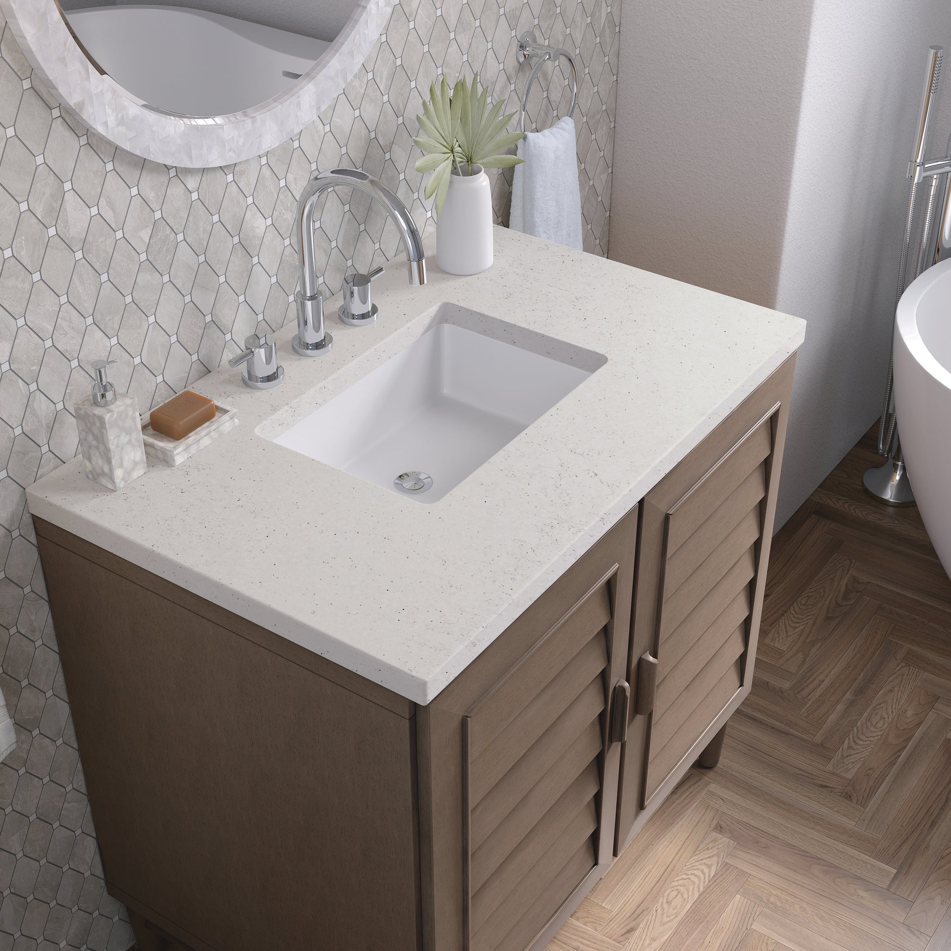 Renovate for Less Atlanta Portland 36" Single Vanity Whitewashed Walnut w/ 3 CM Lime Delight Silestone Top
