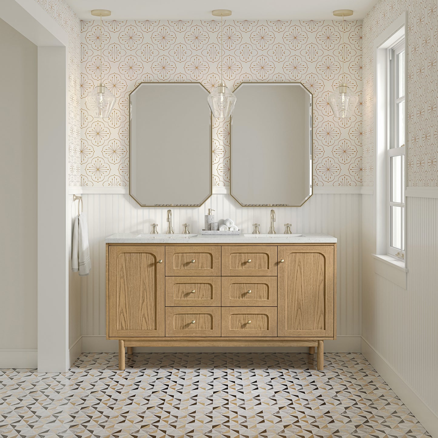 Renovate for Less Atlanta Laurent 60" Double Vanity, Light Natural Oak, w/ 3 CM Lime Delight Quartz Top
