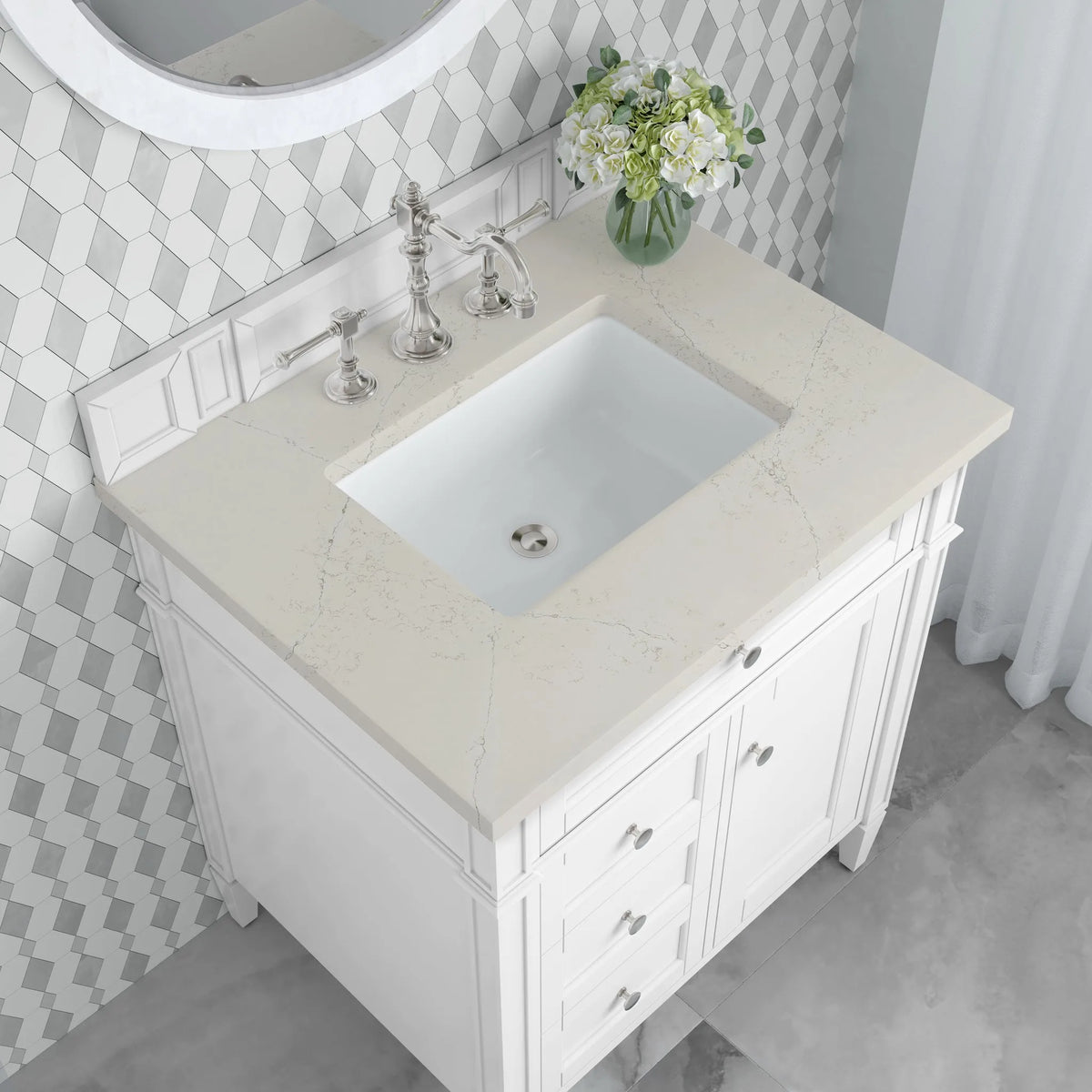 Brittany 30" Single Vanity in Bright White, w/ 3 CM Siberian Silestone Top