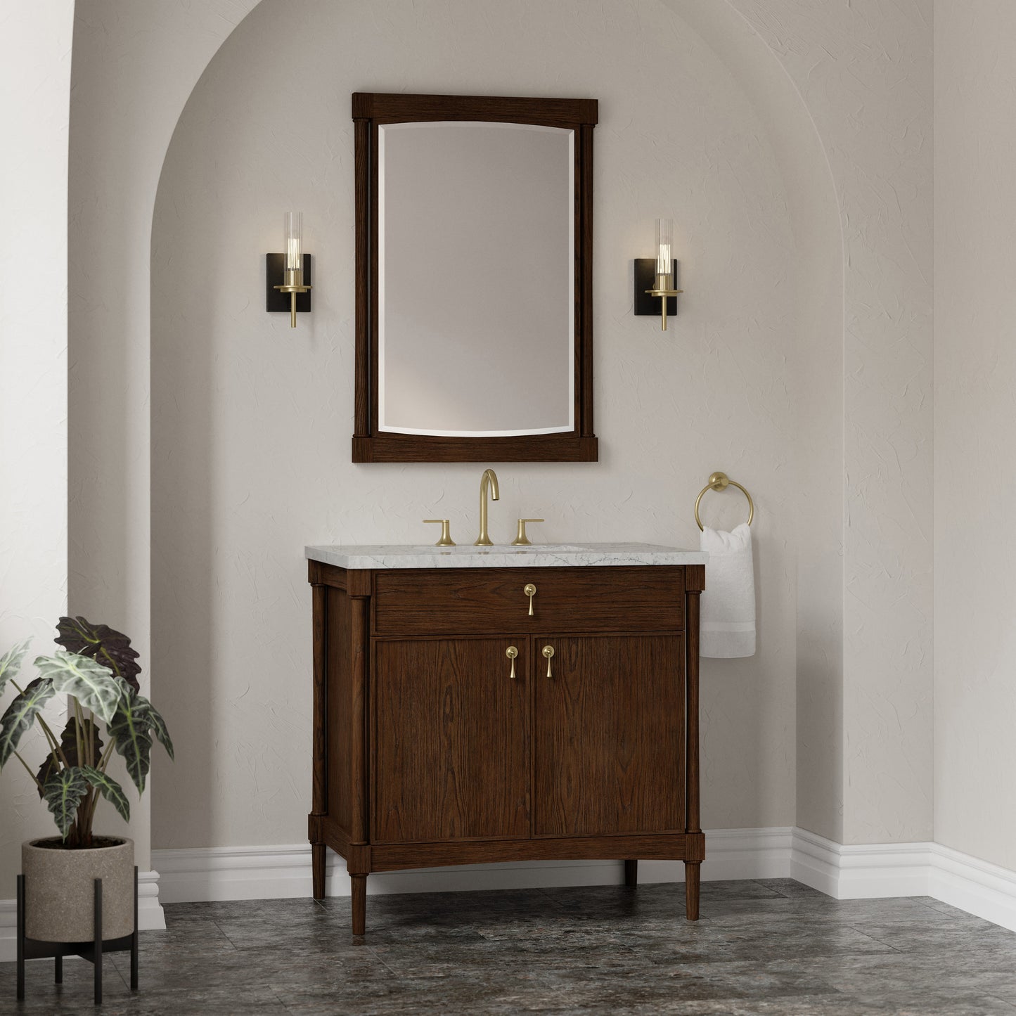 Renovate for Less Atlanta Kinnsden 36" Single Vanity, Sable Oak w/ 3 CM Eternal Jasmine Pearl Silestone Top