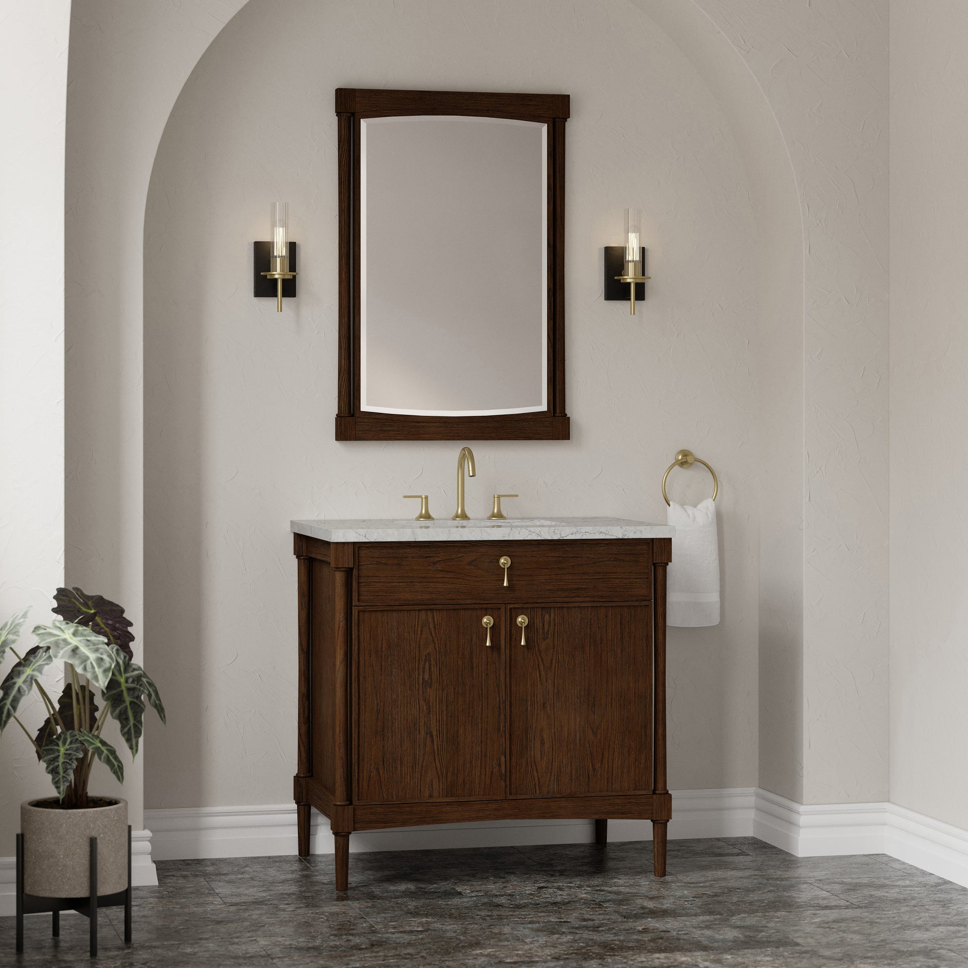 Renovate for Less Atlanta Kinnsden 36" Single Vanity, Sable Oak w/ 3 CM Eternal Jasmine Pearl Silestone Top