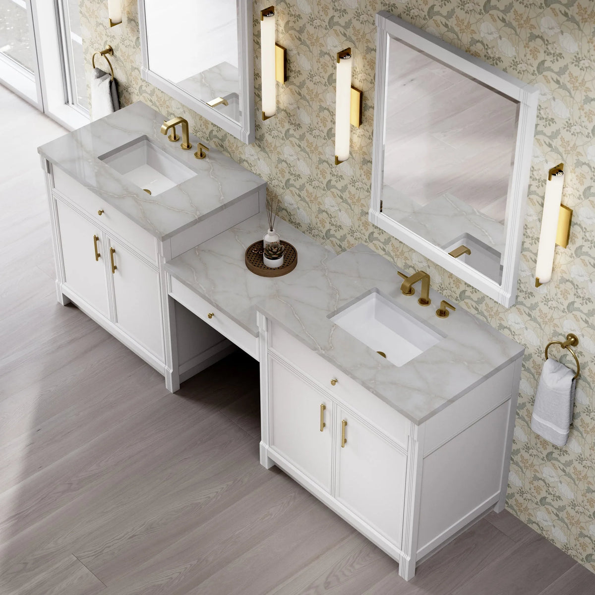 Bellshire 96" Dual Vanity Set with 24" Make-Up Counter, Bright White w/3 cm Victorian Silver Silestone Top