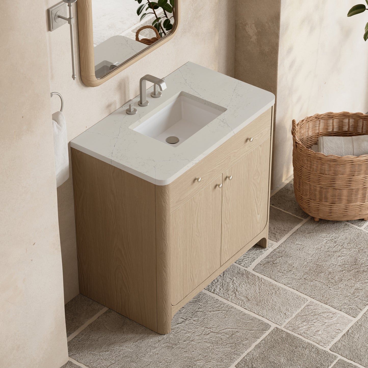 Renovate for Less Atlanta Gracyn 36" Single Vanity, Coastal Driftwood, w/ 3 CM Siberian Silestone Widespread Top
