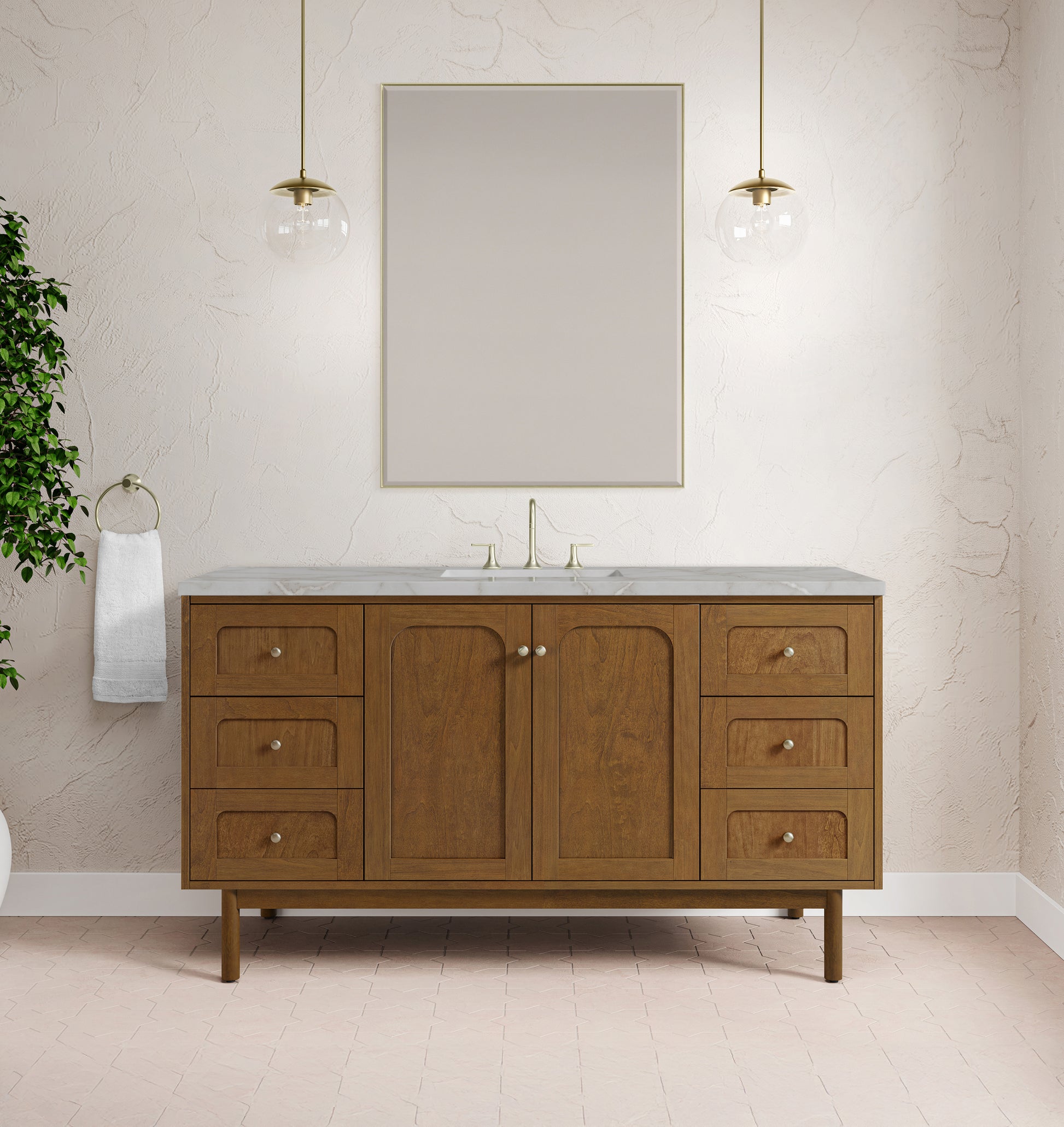 Renovate for Less Atlanta Laurent 60" Single Vanity, Honey Oak w/ 3 CM Victorian Silver Silestone Top w/FreePower Wireless Charger