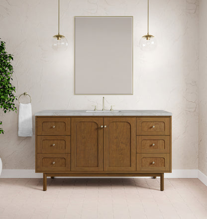 Renovate for Less Atlanta Laurent 60" Single Vanity, Honey Oak w/ 3 CM Victorian Silver Silestone Top w/FreePower Wireless Charger