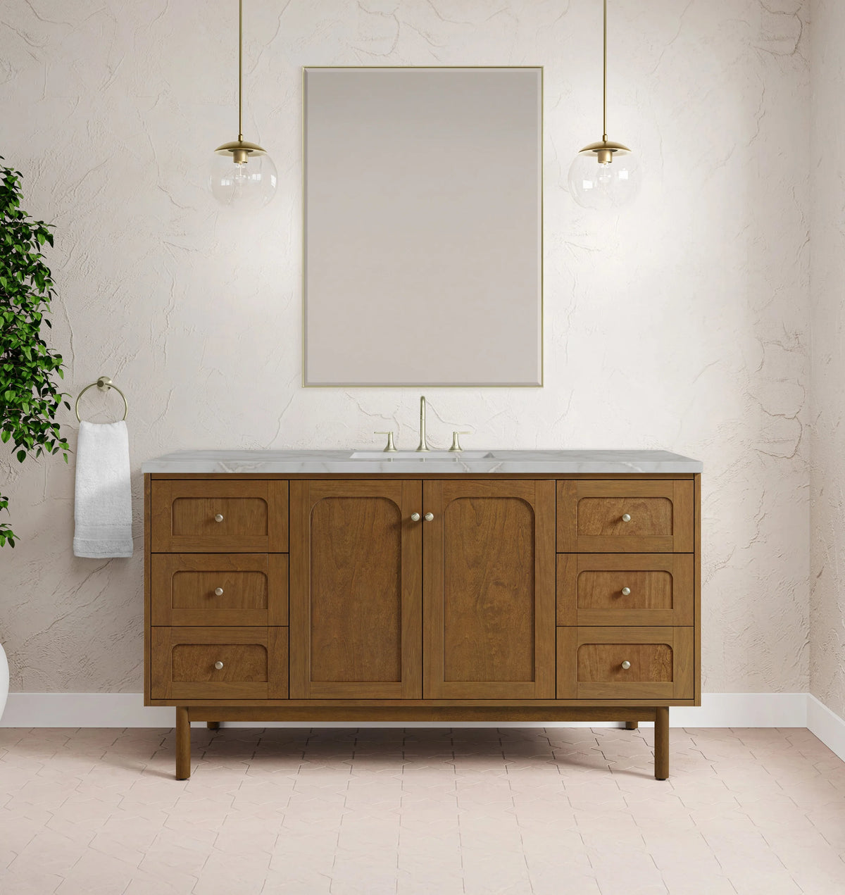 Laurent 60" Single Vanity, Honey Oak w/ 3 CM Victorian Silver Silestone Top w/FreePower Wireless Charger