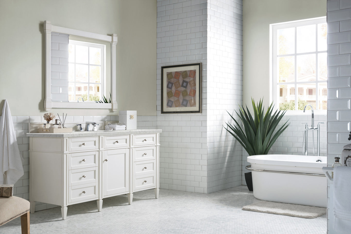 Renovate for Less Atlanta Brittany 60" Single Vanity, Bright White w/ 3 CM Eternal Jasmine Pearl Silestone Top w/FreePower Wireless Charger