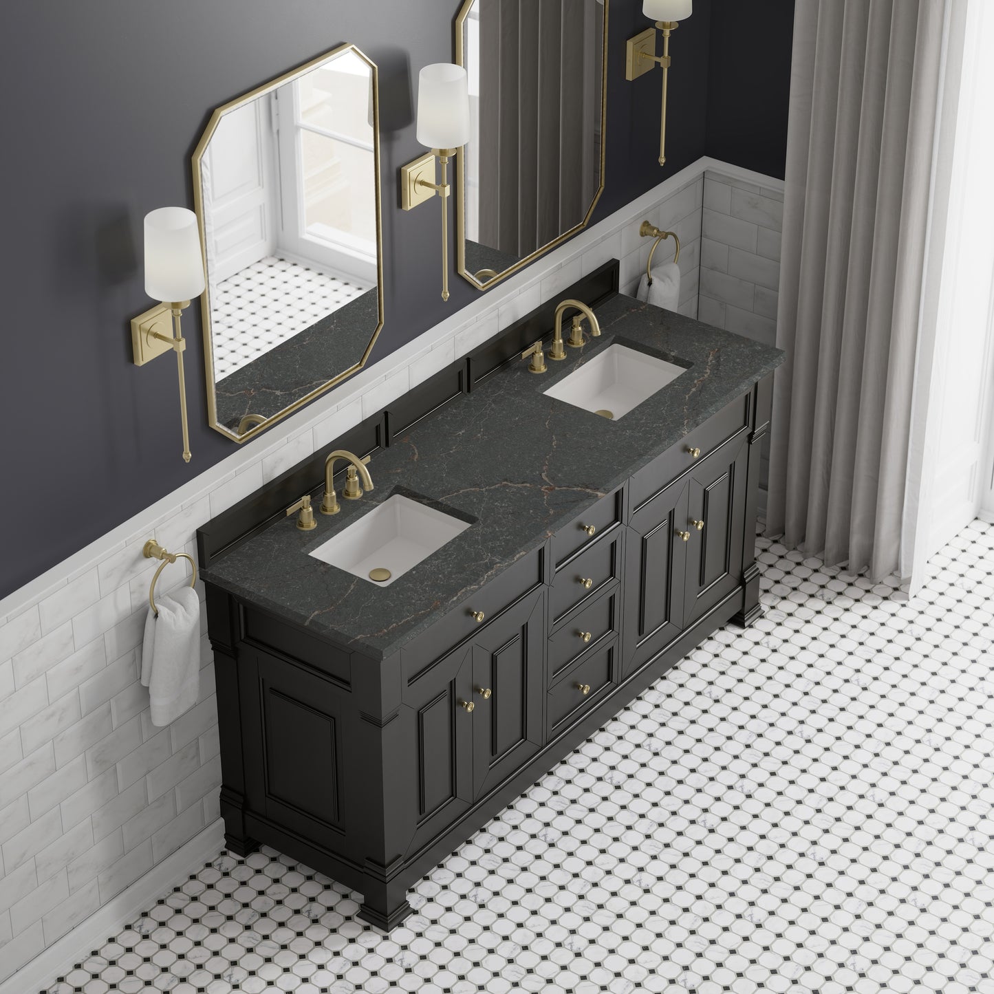 Renovate for Less Atlanta Brookfield 72" Double Vanity, Black Onyx w/ 3 CM Parisien Bleu Silestone Top