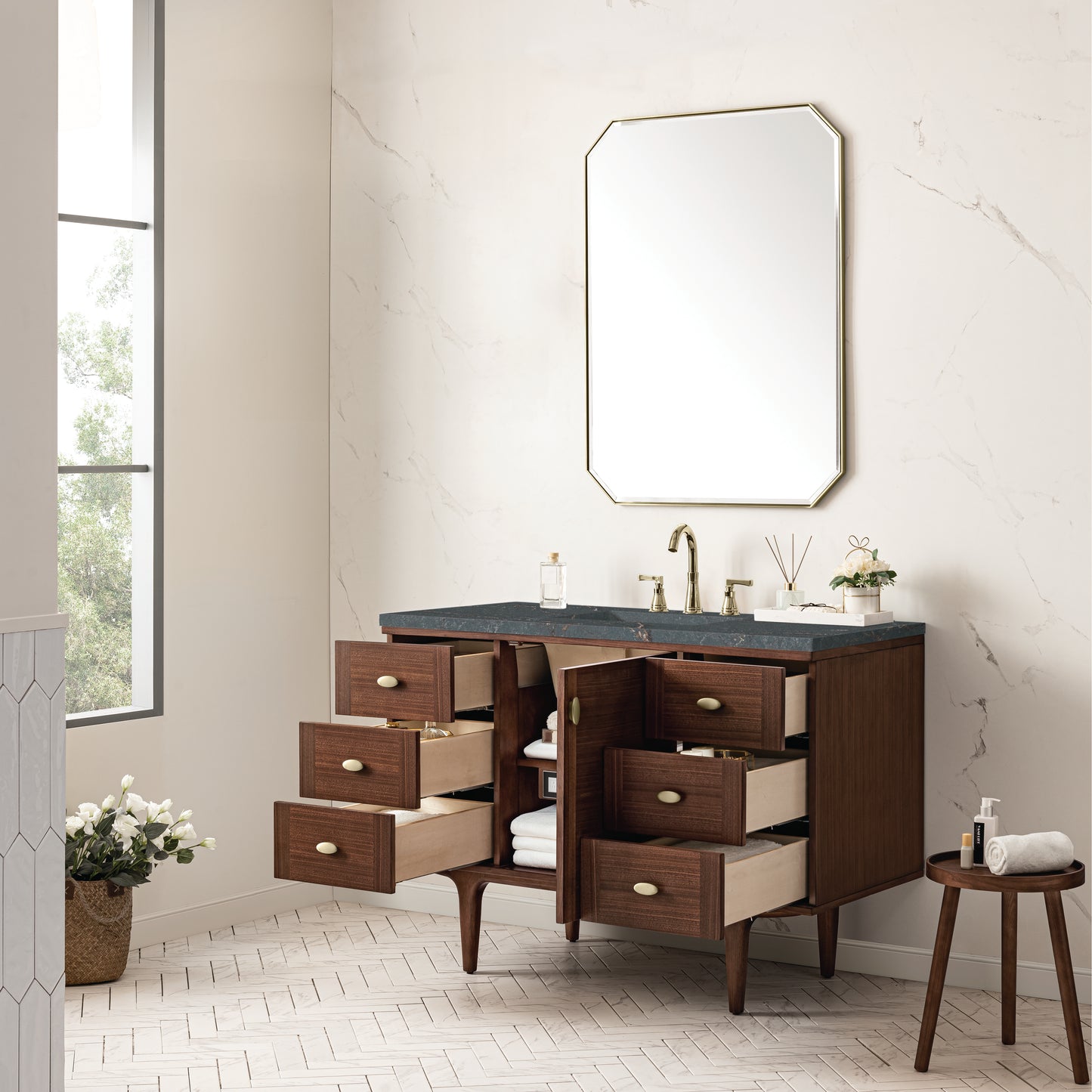 Renovate for Less Atlanta Amberly 48" Single Vanity, Mid-Century Walnut w/ 3 CM Parisien Bleu Top