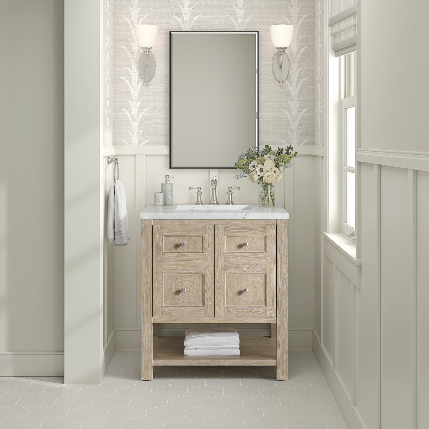 Renovate for Less Atlanta Breckenridge 30" Single Vanity, Whitewashed Oak w/ 3 CM Ethereal Noctis Silestone Top