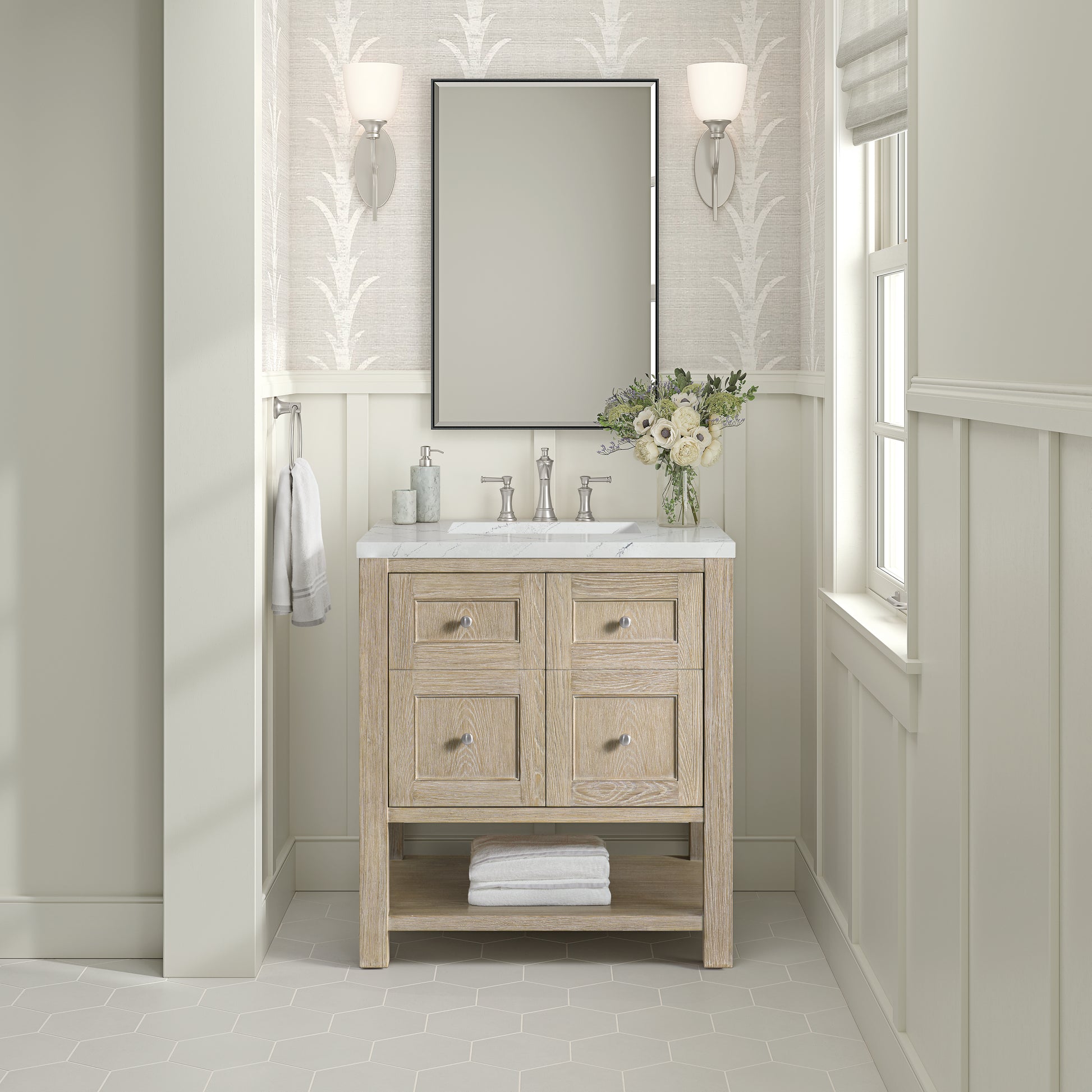 Renovate for Less Atlanta Breckenridge 30" Single Vanity, Whitewashed Oak w/ 3 CM Ethereal Noctis Silestone Top