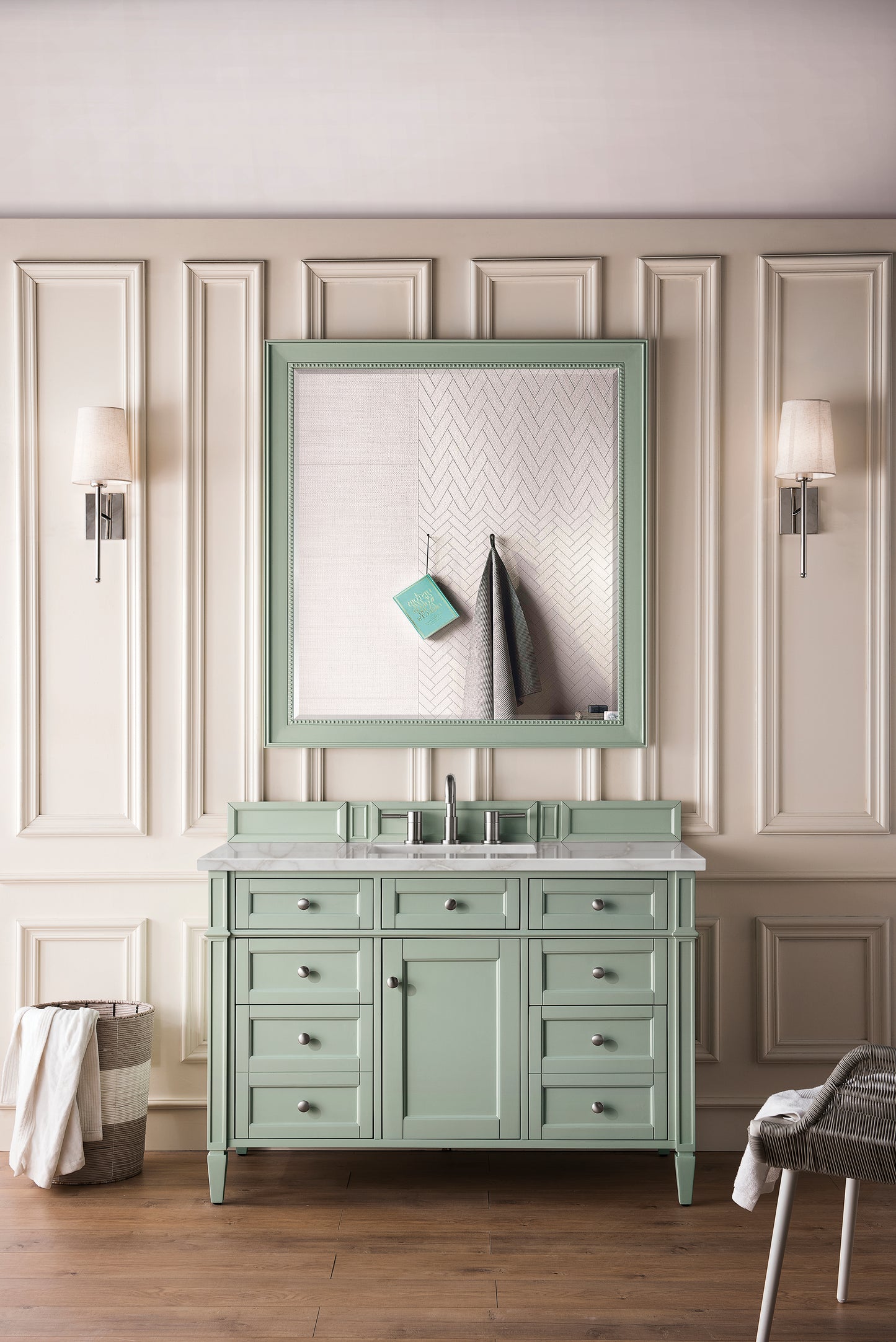 Renovate for Less Atlanta Brittany 48" Single Vanity, Sage Green w/ 3 CM Victorian Silver Silestone Top w/FreePower Wireless Charger