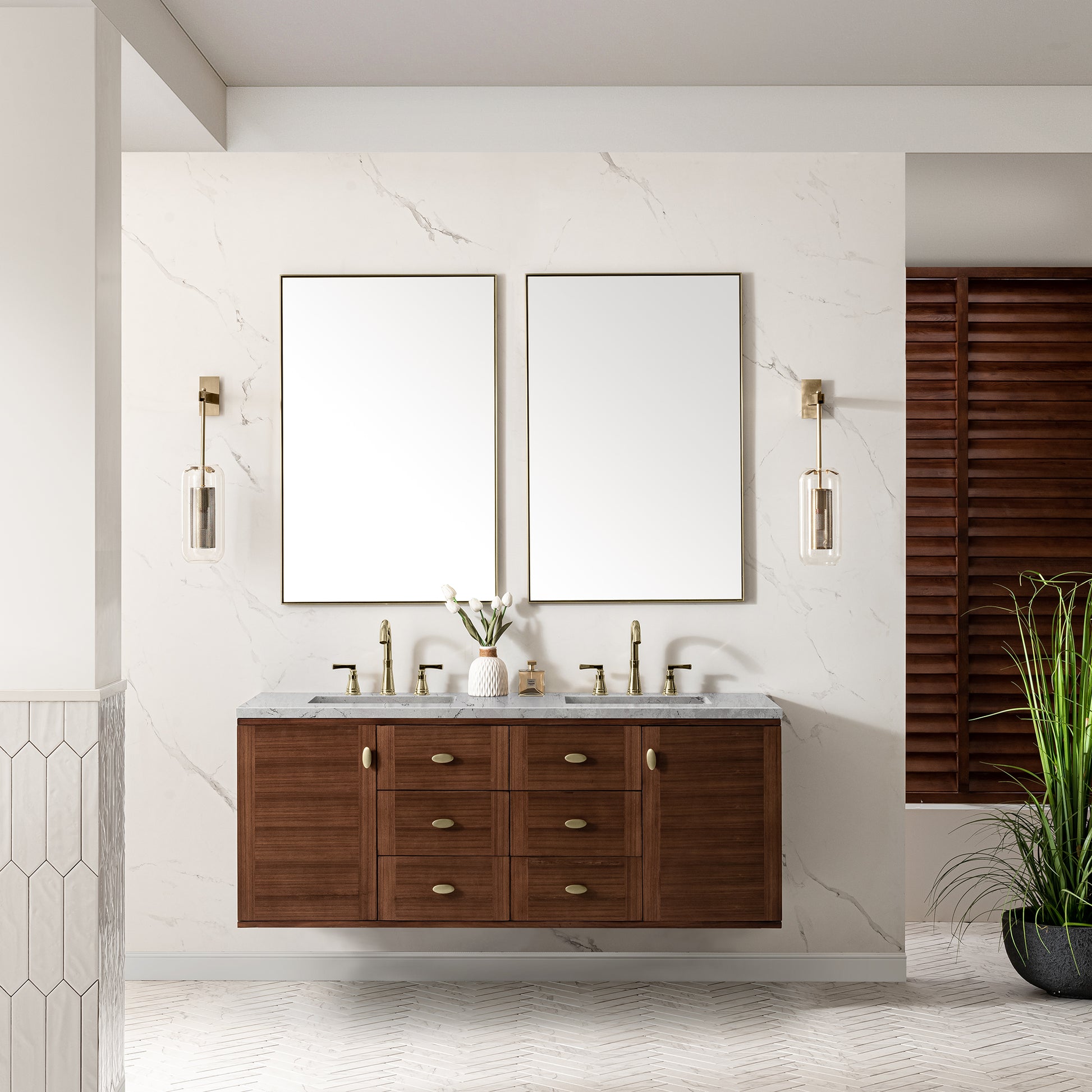 Renovate for Less Atlanta Amberly 60" Double Vanity, Mid-Century Walnut w/ 3 CM Eternal Jasmine Pearl Top w/FreePower Wireless Charger