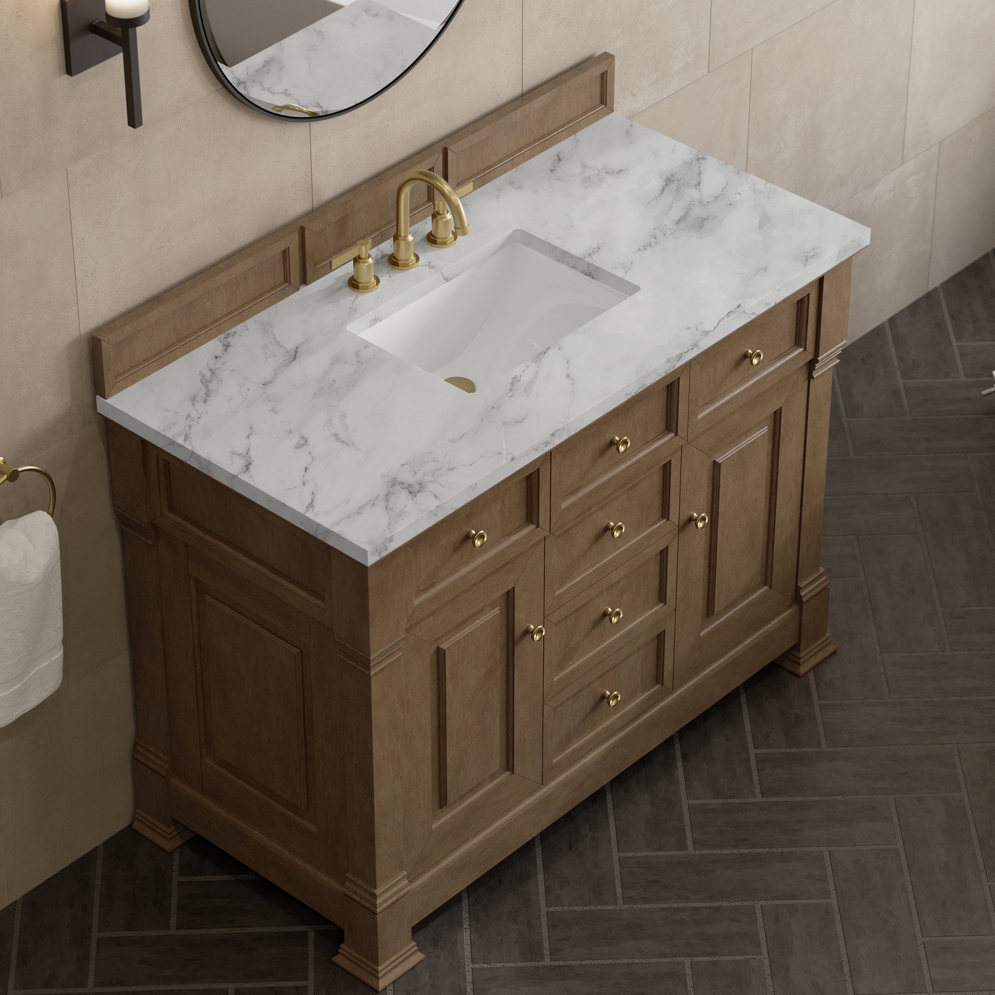 Renovate for Less Atlanta Brookfield 48" Single Vanity, Pecan w/3 CM Carrara White Marble Top