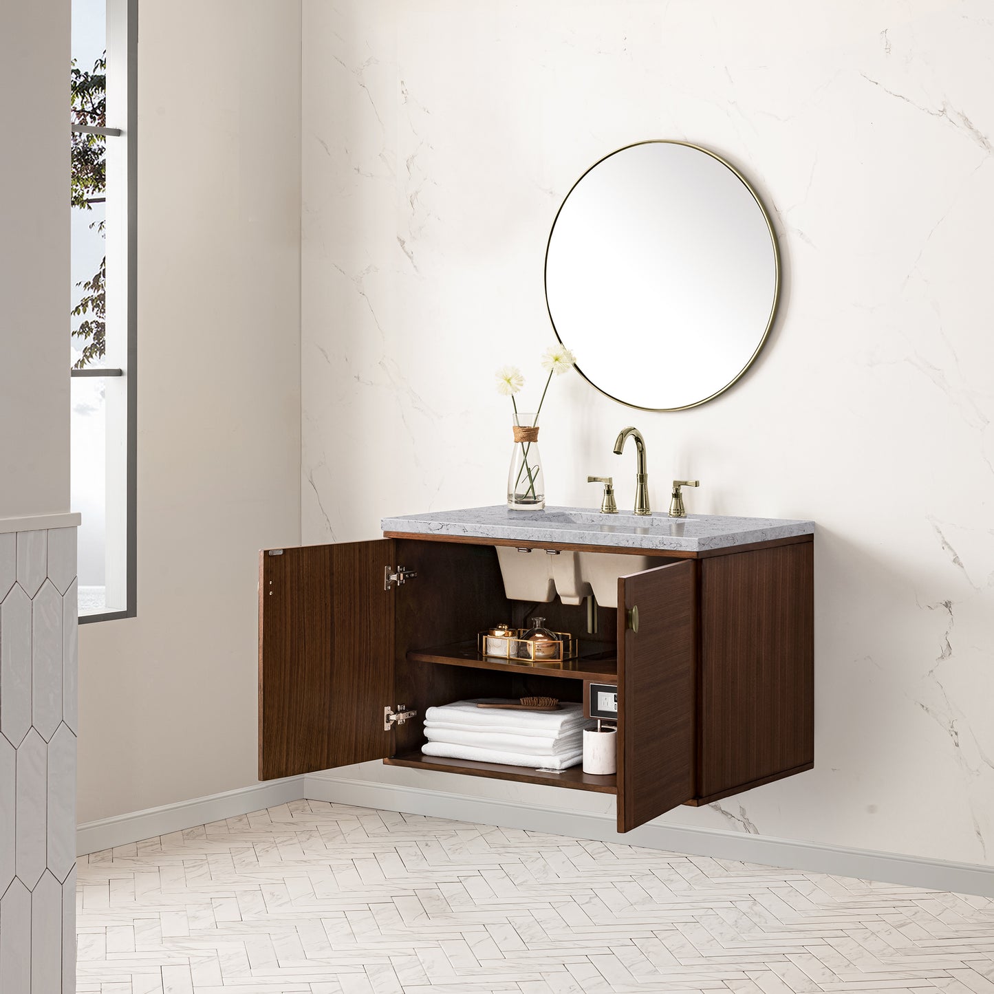 Renovate for Less Atlanta Amberly 36" Single Vanity, Mid-Century Walnut w/ 3 CM Eternal Jasmine Pearl Top