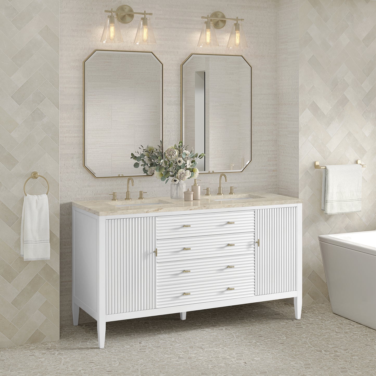Renovate for Less Atlanta Myrrin 60" Double Vanity, Bright White, w/ 3 CM Tajnar Eclos Top w/FreePower Wireless Charger