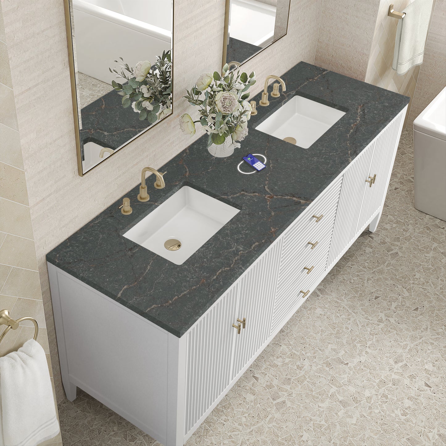 Renovate for Less Atlanta Myrrin 72" Double Vanity, Bright White w/ 3 CM Parisien Bleu Silestone Top w/FreePower Wireless Charger