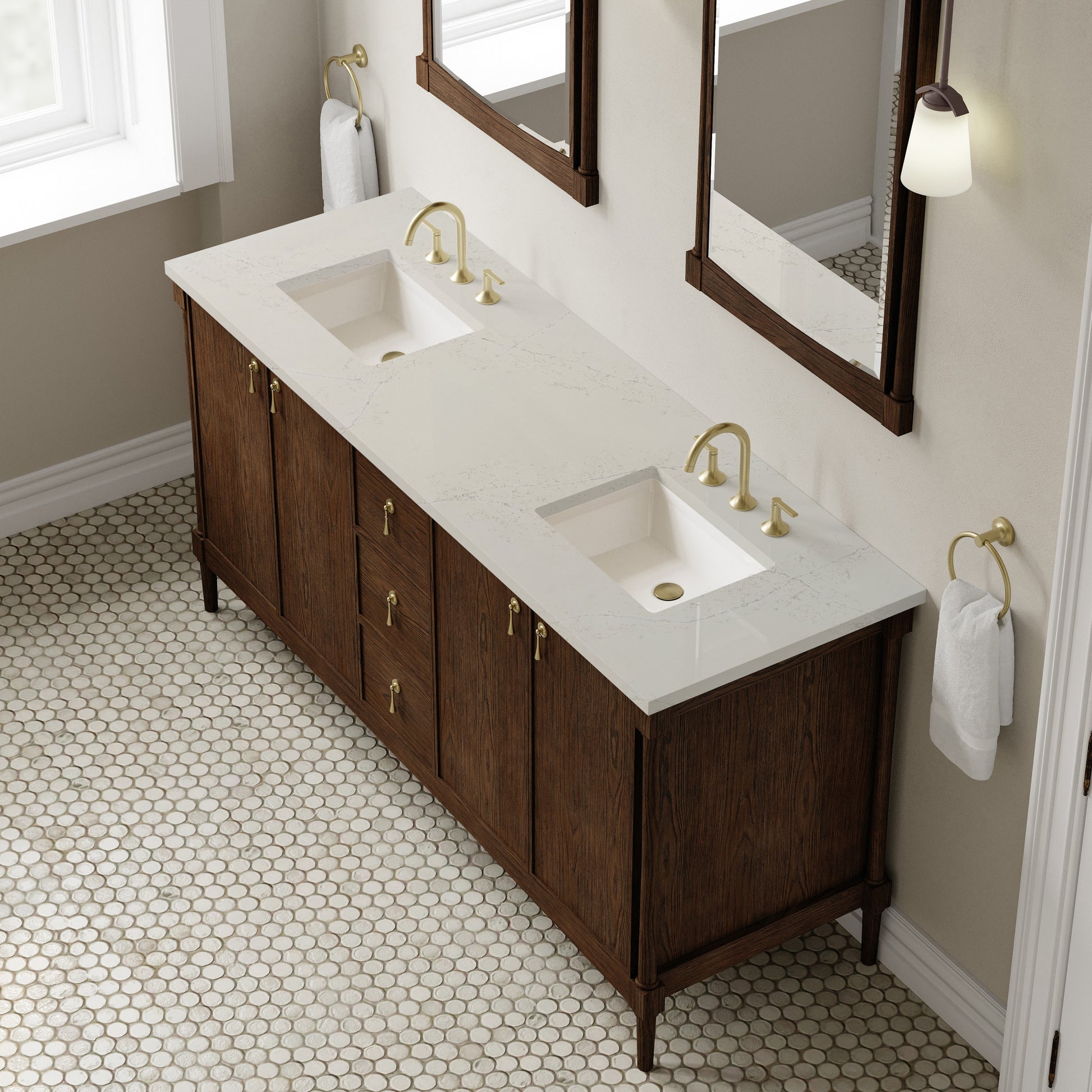 Renovate for Less Atlanta Kinnsden 72" Double Vanity, Sable Oak w/ 3 CM Siberian Silestone Top