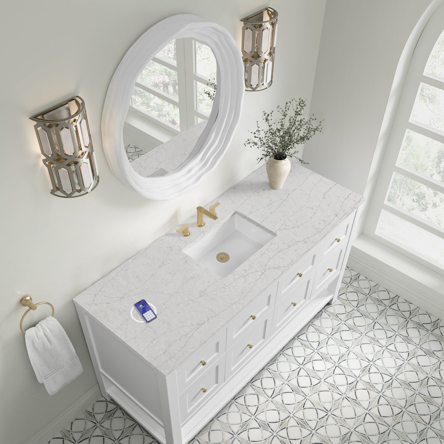Renovate for Less Atlanta Breckenridge 60" Single Vanity, Bright White, w/ 3 CM Eternal Jasmine Pearl Silestone Top w/ FreePower Wireless Charger