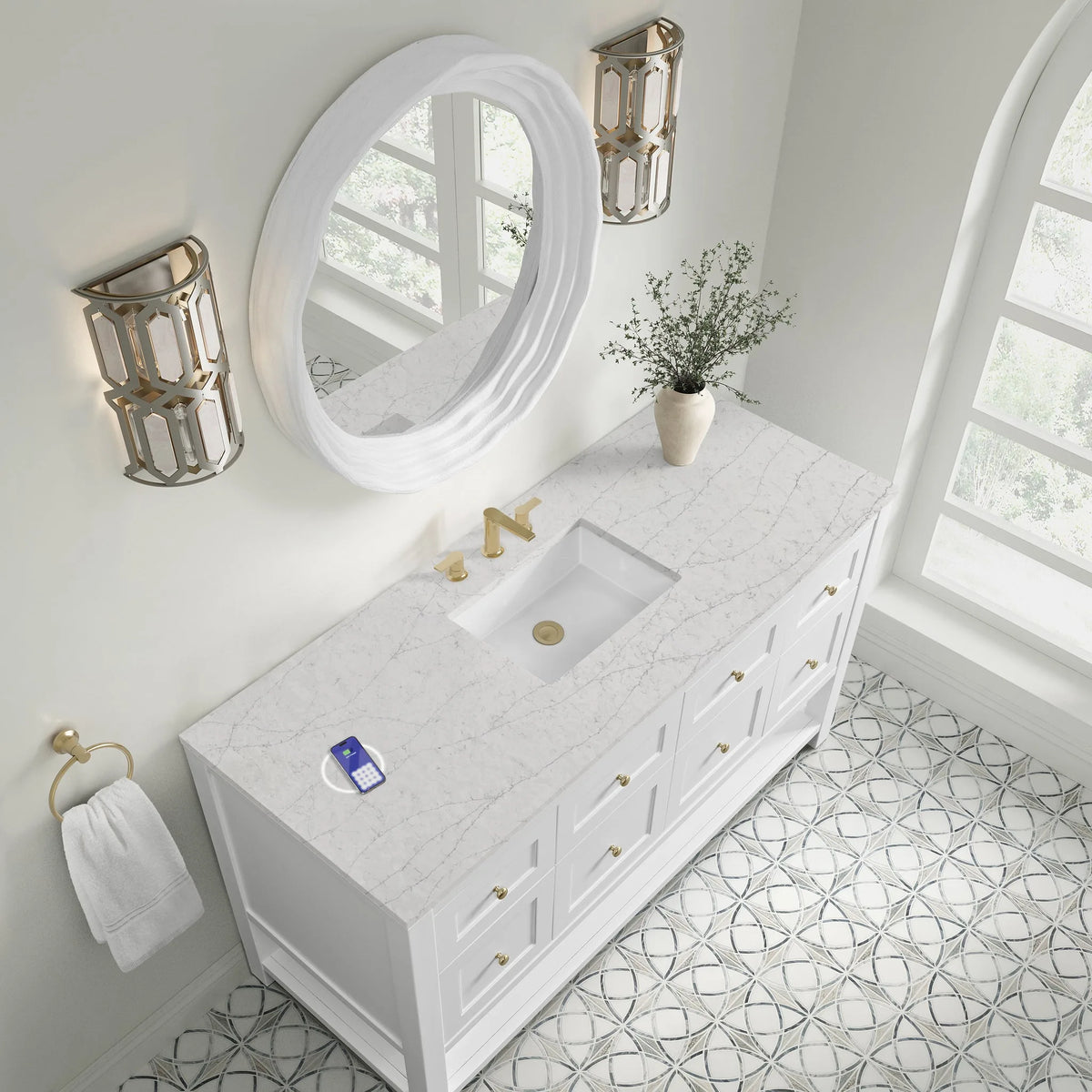 Breckenridge 60" Single Vanity, Bright White, w/ 3 CM Eternal Jasmine Pearl Silestone Top w/ FreePower Wireless Charger