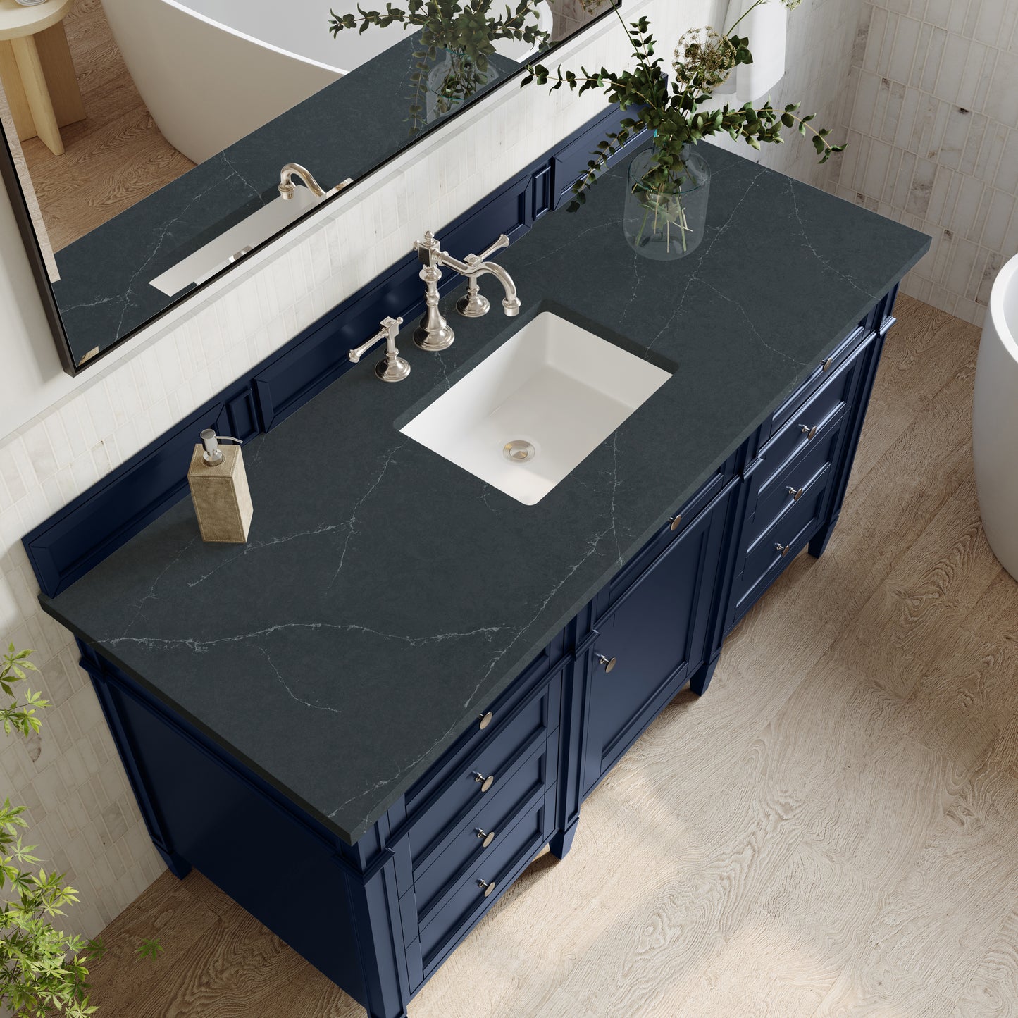 Renovate for Less Atlanta Brittany 60" Single Vanity, Victory Blue w/ 3 CM Charcoal Soapstone Silestone Top