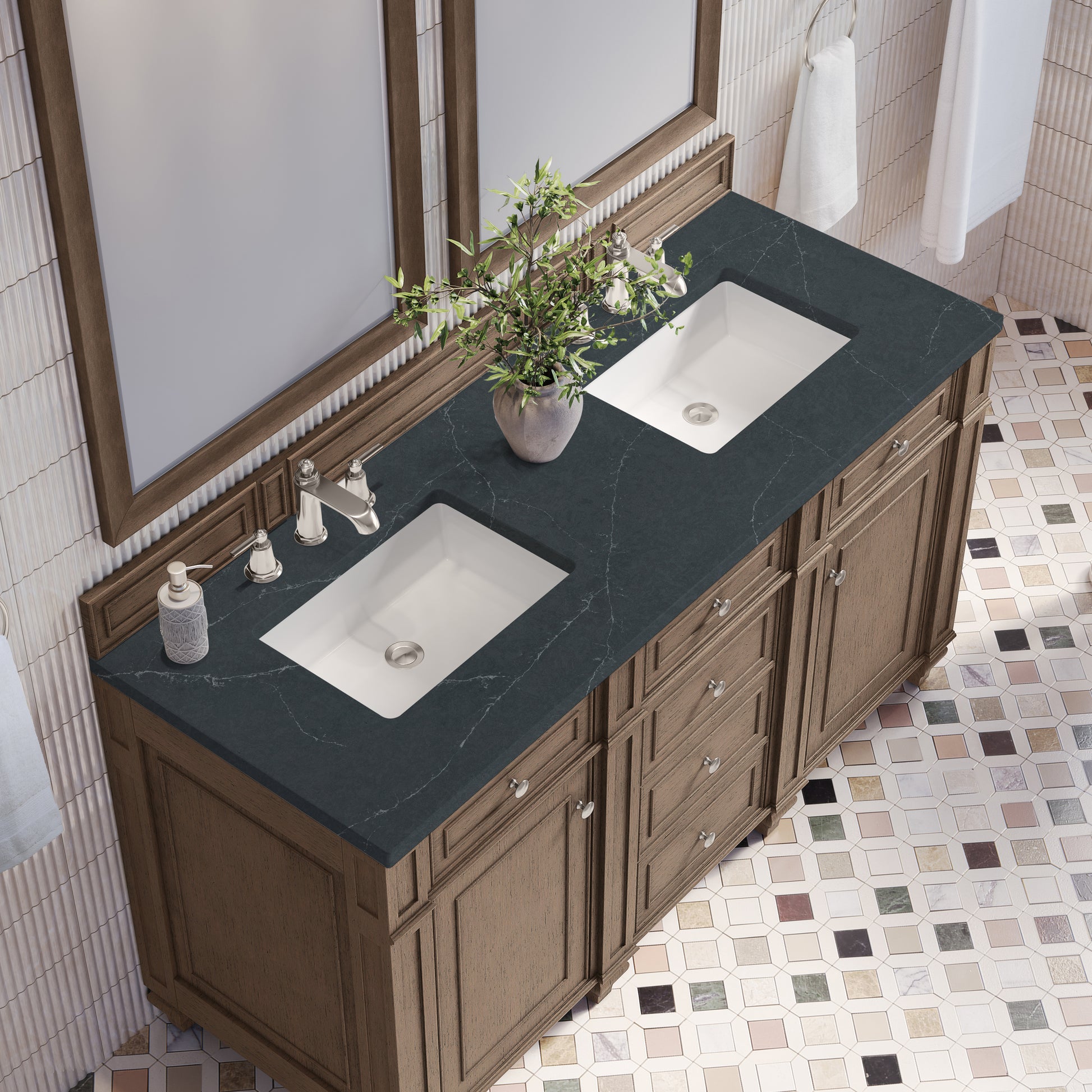 Renovate for Less Atlanta Bristol 60" Double Vanity, Whitewashed Walnut w/ 3 CM Charcoal Soapstone Silestone Top