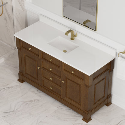 Renovate for Less Atlanta Brookfield 60" Single Vanity, Honey Oak w/ Single Hole 3 CM White Zeus Silestone Top & Backsplash