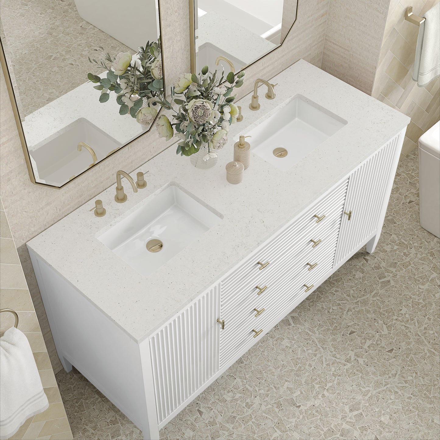 Renovate for Less Atlanta Myrrin 60" Double Vanity, Bright White w/ 3 CM Lime Delight Silestone Top