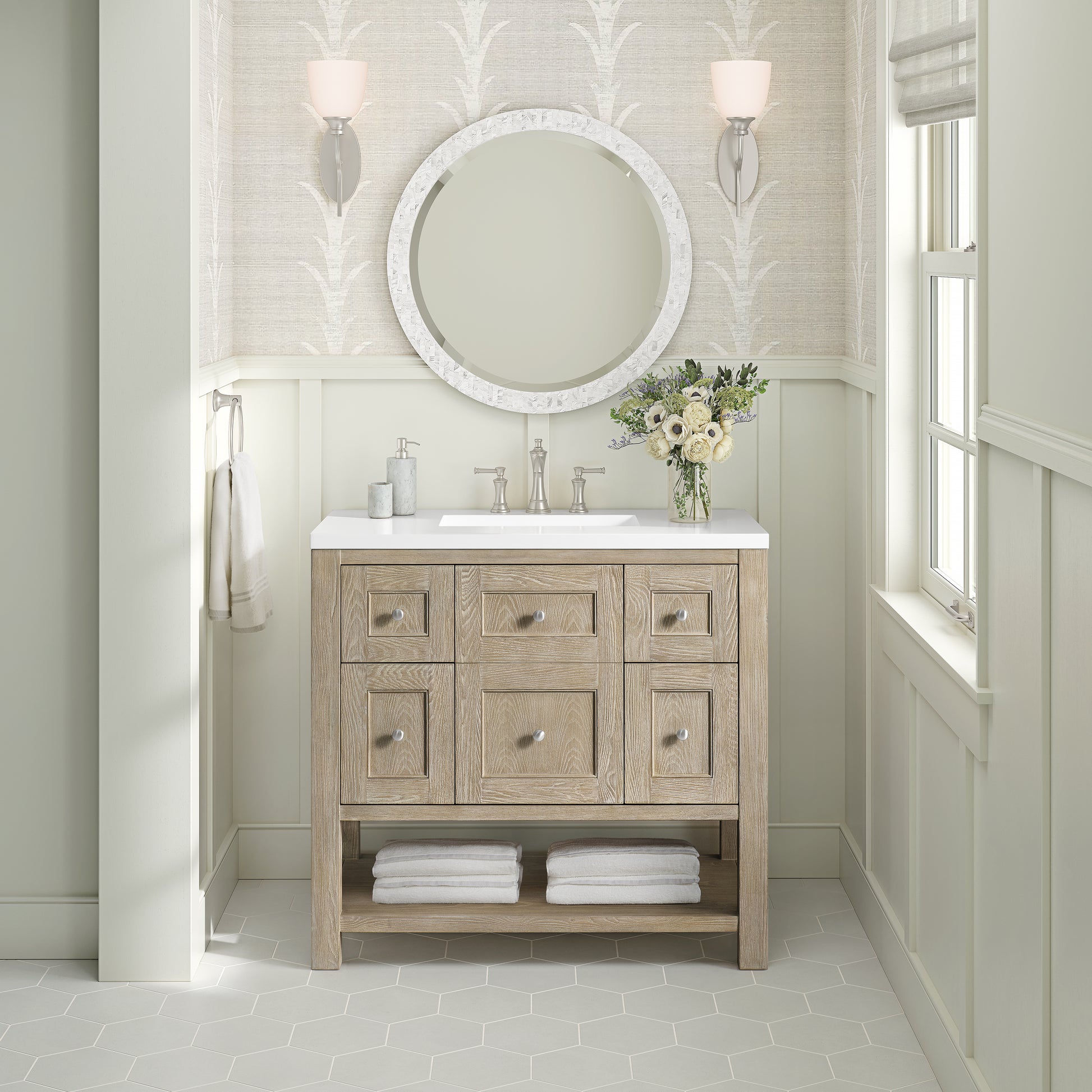 Renovate for Less Atlanta Breckenridge 36" Single Vanity, Whitewashed Oak w/ 3 CM White Zeus Silestone Top