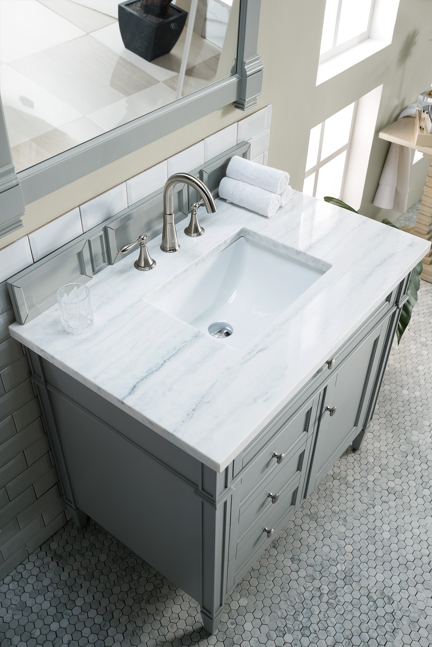 Bathroom Vanities Outlet Atlanta Renovate for LessBrittany 36" Urban Gray Single Vanity w/ 3 CM Arctic Fall Solid Surface Top