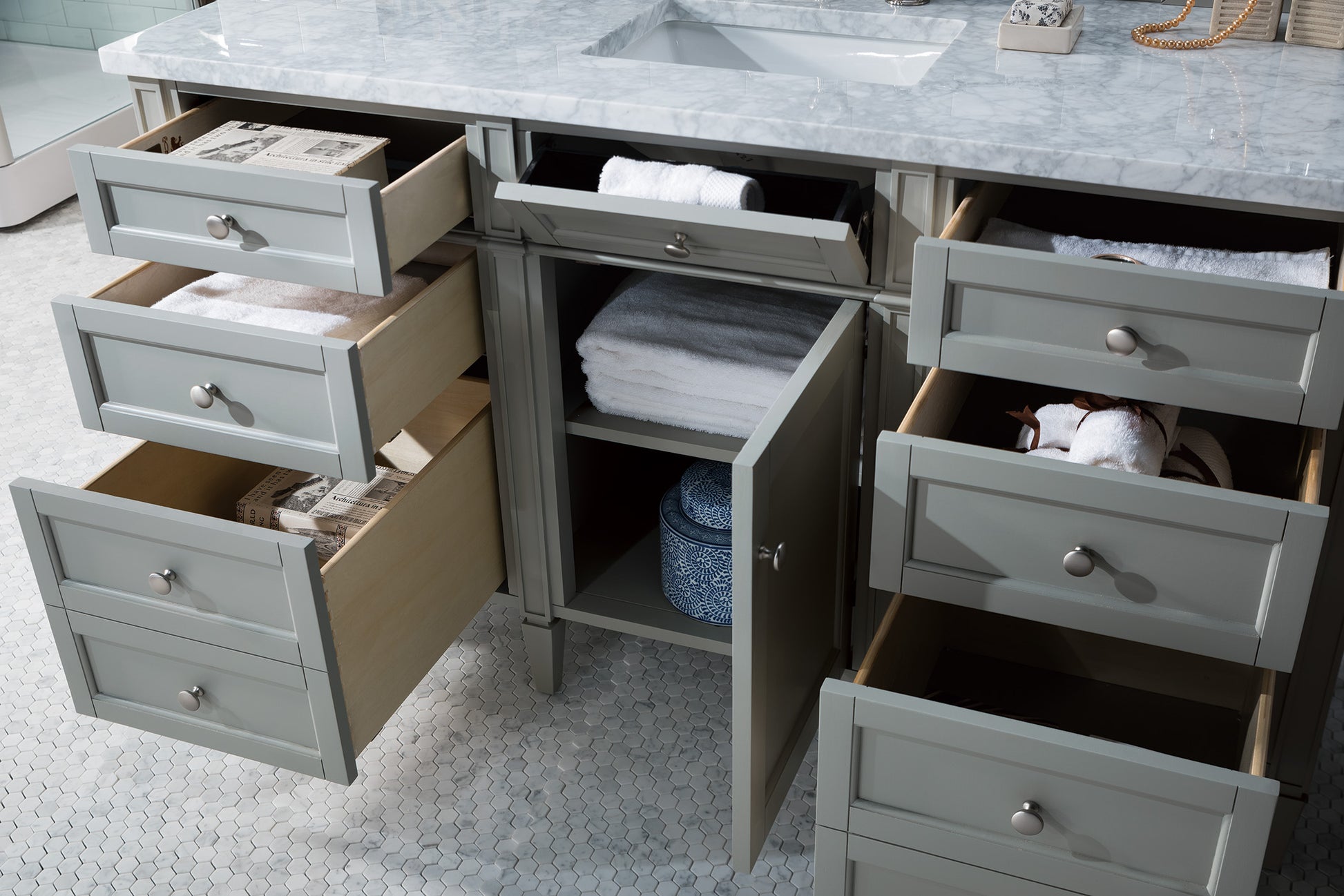 Brittany 60" Urban Gray Single Vanity w/ 3 CM Carrara Marble Top James Martin Vanities