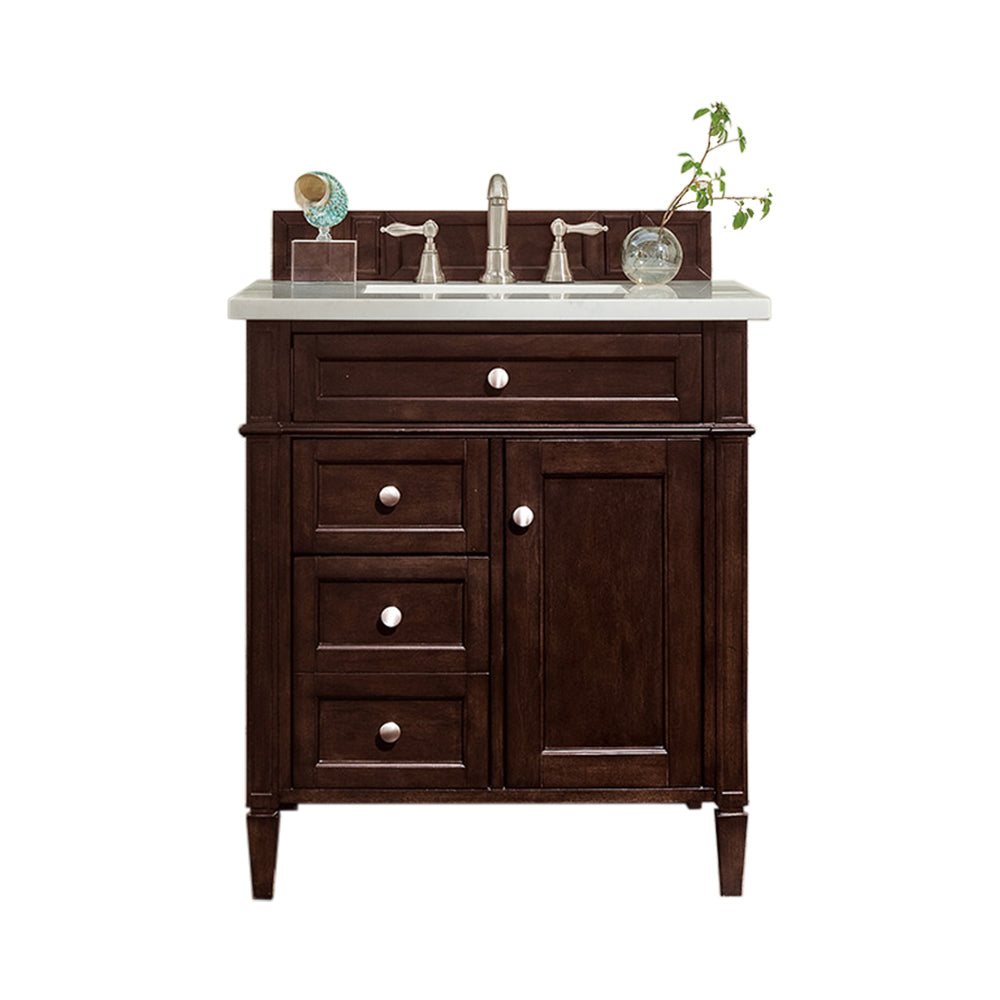 Brittany 30" Single Vanity, Burnished Mahogany w/ 3 CM Arctic Fall Solid Surface Top James Martin Vanities