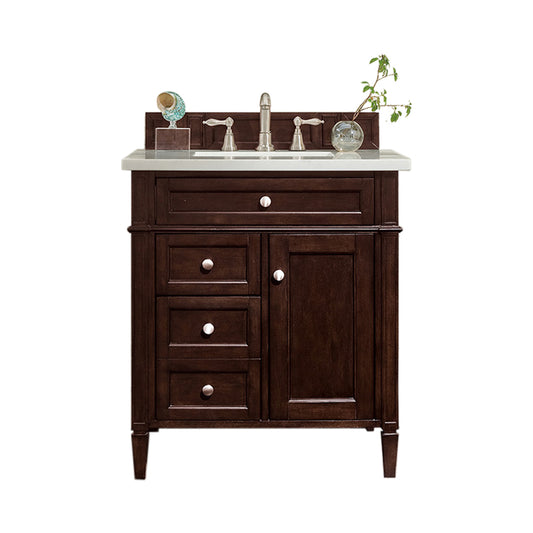 Brittany 30" Single Vanity, Burnished Mahogany w/ 3 CM Arctic Fall Solid Surface Top James Martin Vanities