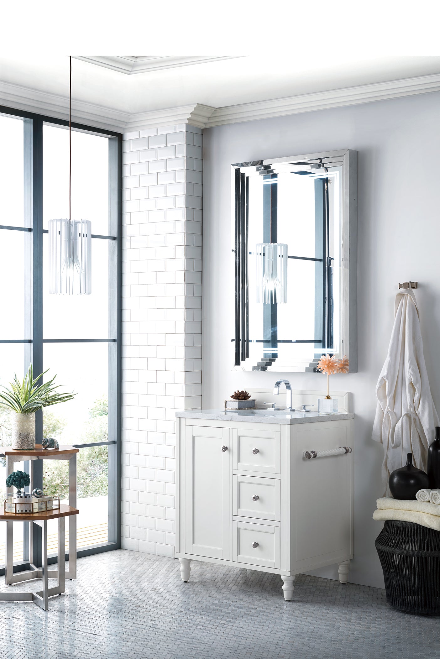 Copper Cove Encore 30" Single Vanity, Bright White w/ 3 CM Eternal Jasmine Pearl Quartz Top James Martin Vanities