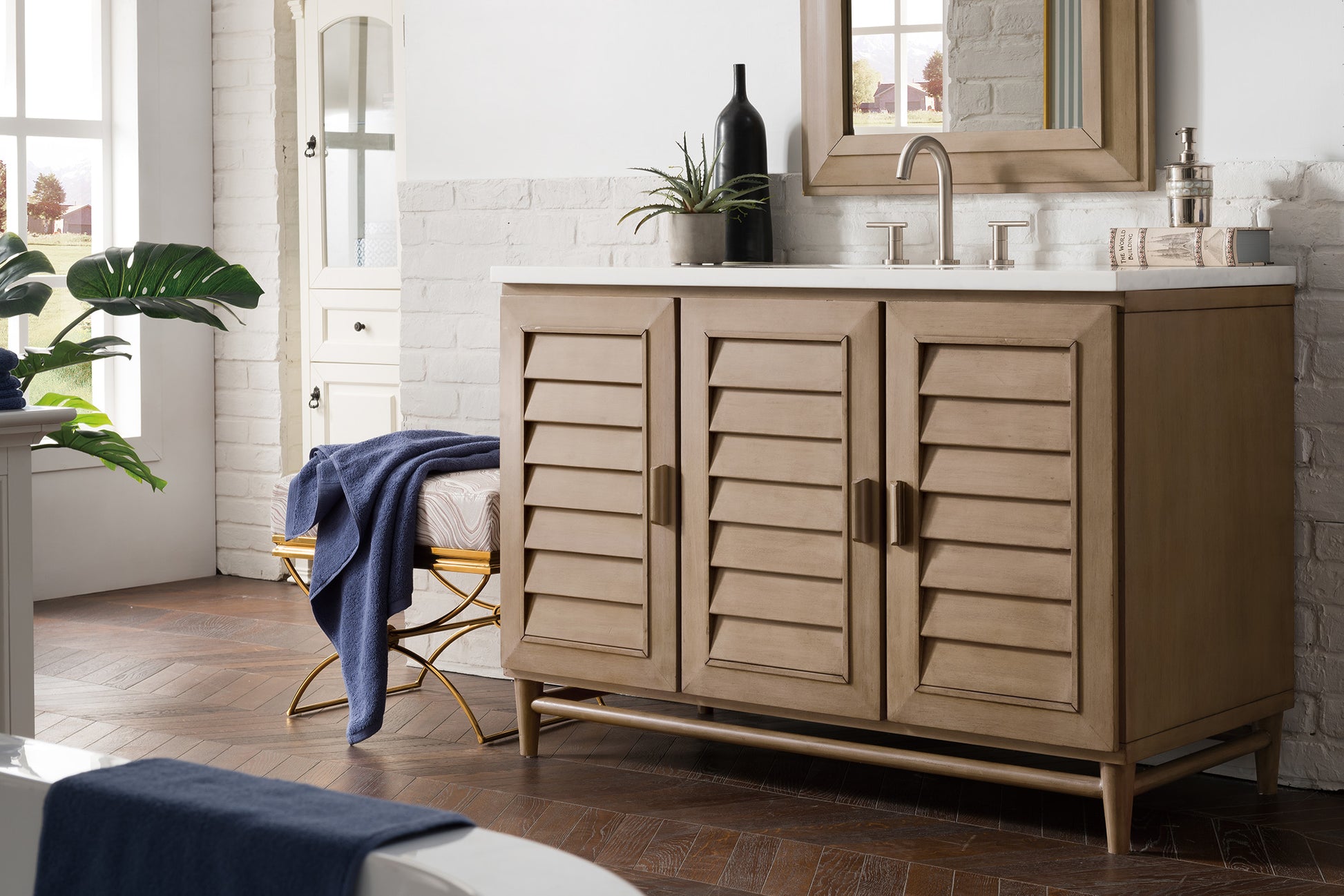 Portland 48" Single Vanity Whitewashed Walnut w/ 3 CM Arctic Fall Solid Surface Top James Martin Vanities