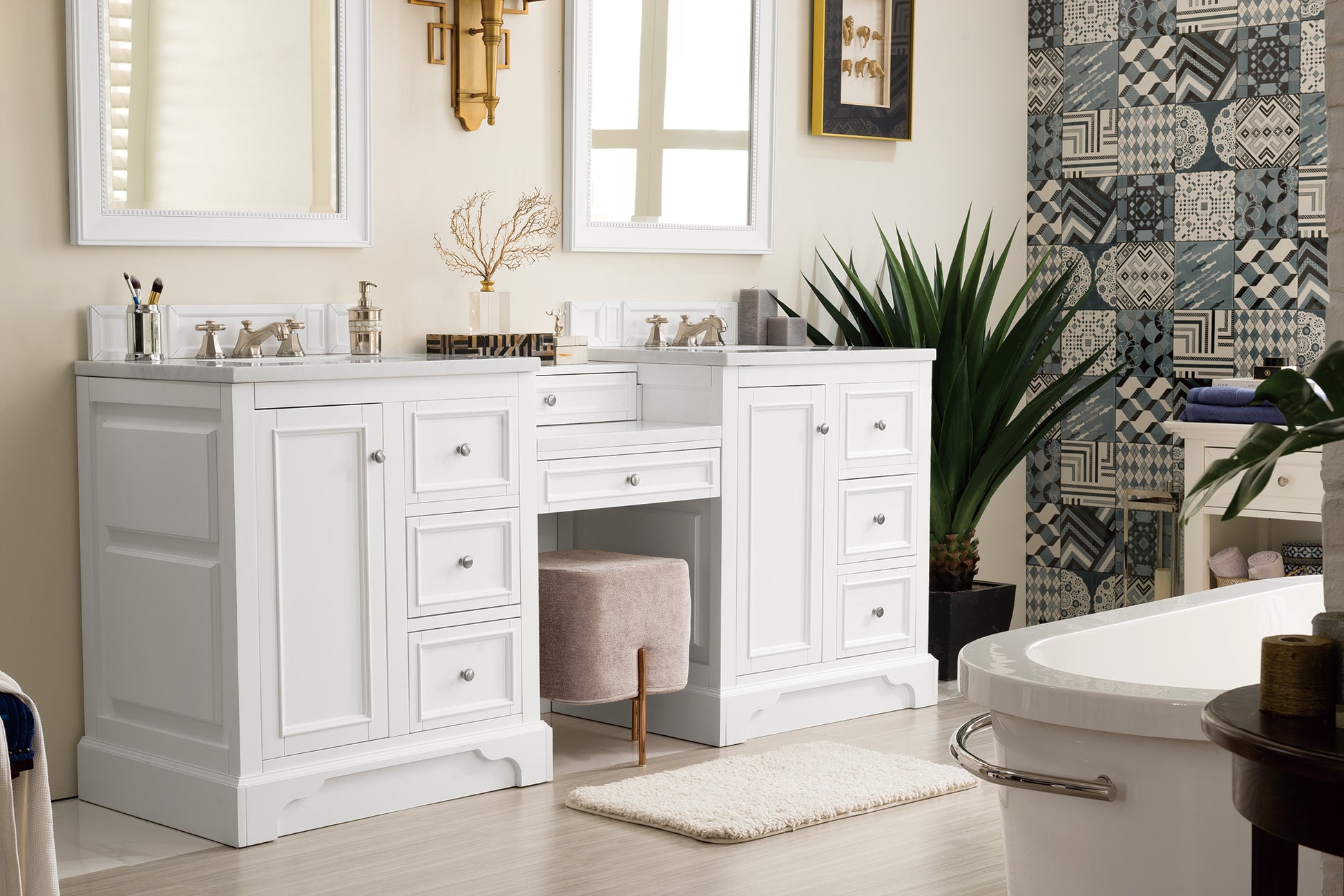 De Soto 82" Double Vanity Set, Bright White w/ Makeup Table, 3 CM Arctic Fall Solid Surface Top James Martin Vanities