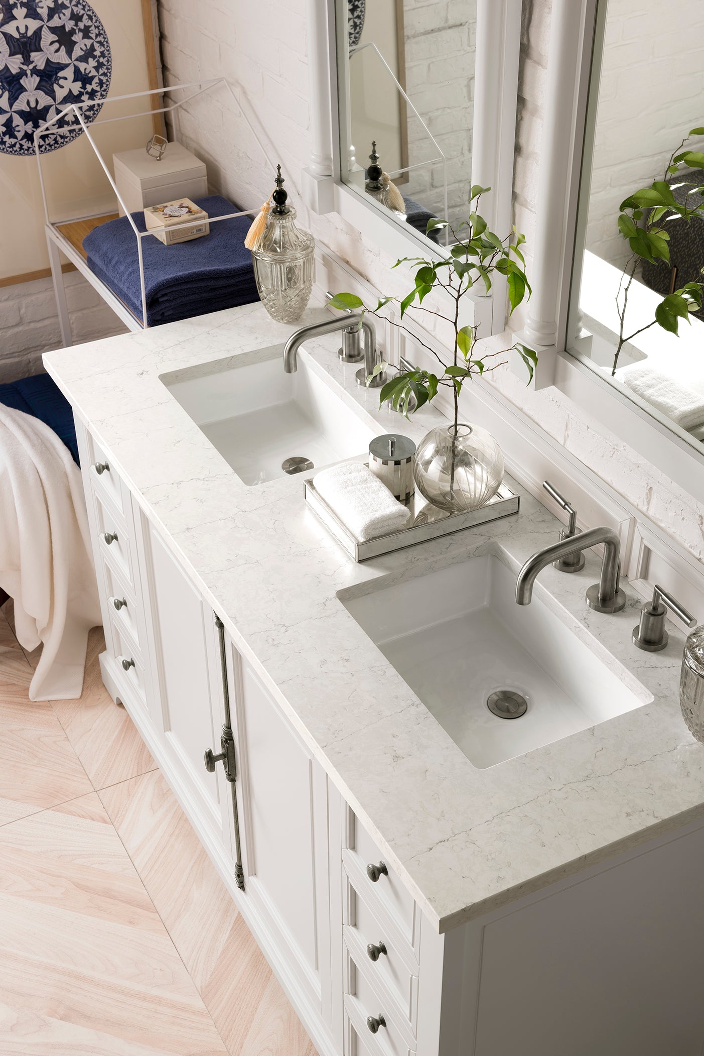 Providence 60" Double Vanity Cabinet, Bright White, w/ 3 CM Eternal Jasmine Pearl Quartz Top James Martin