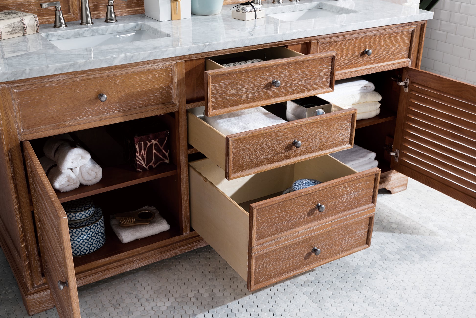 Savannah 72" Driftwood Double Vanity w/ 3 CM Carrara Marble Top James Martin Vanities