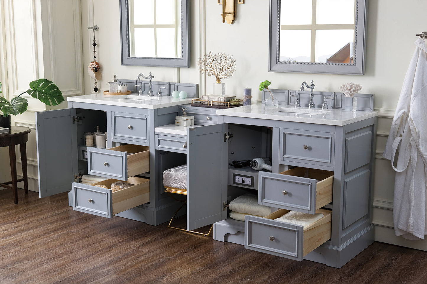 De Soto 94" Double Vanity Set, Silver Gray w/ Makeup Table, 3 CM Arctic Fall Solid Surface Top James Martin Vanities