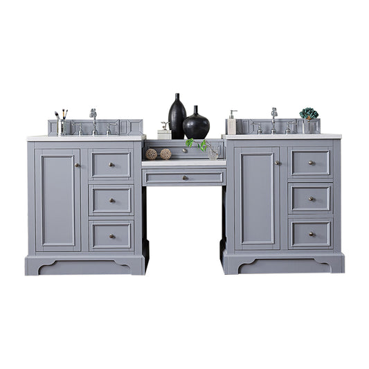 De Soto 82" Double Vanity Set, Silver Gray w/ Makeup Table, 3 CM Carrara Marble Top James Martin Vanities
