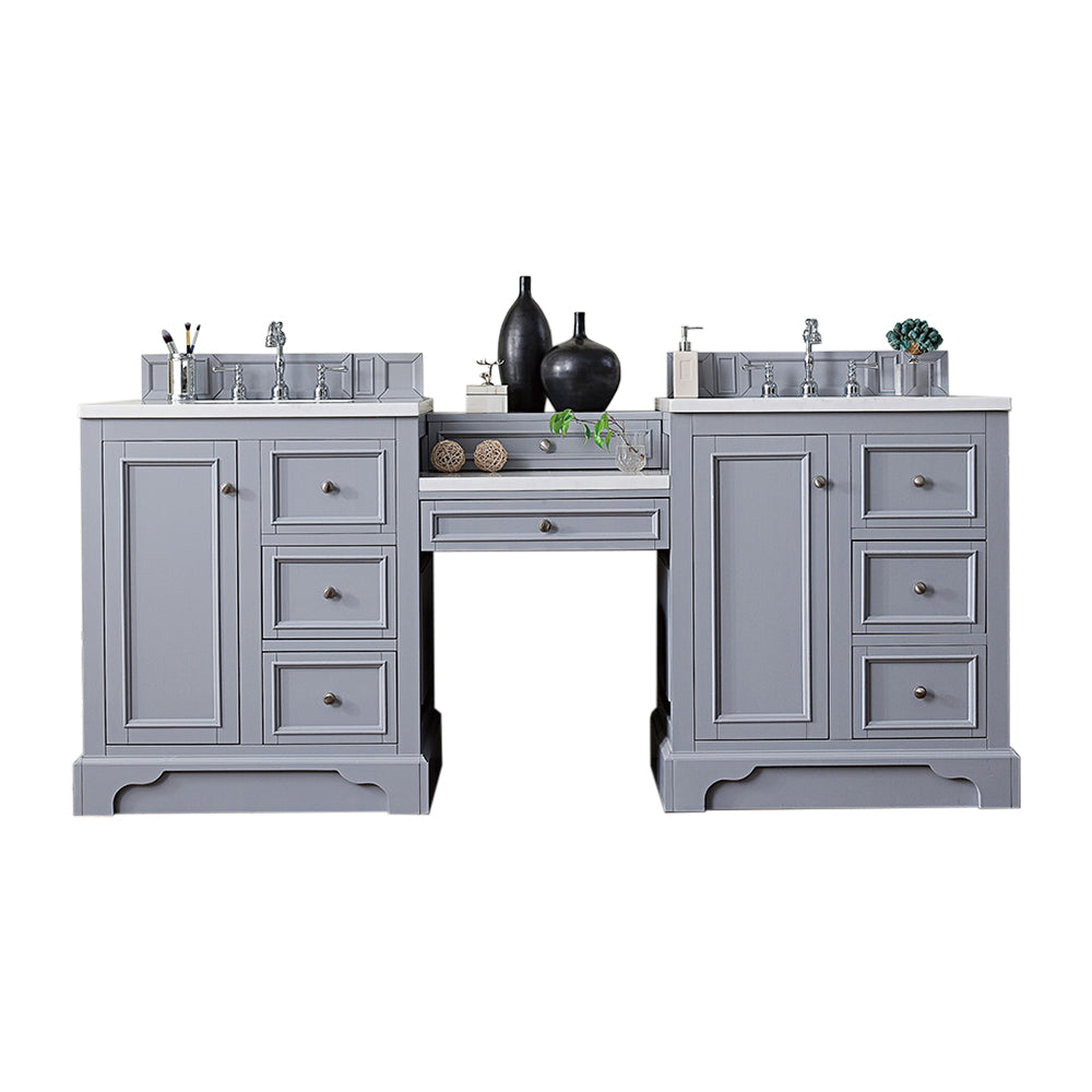 De Soto 82" Double Vanity Set, Silver Gray w/ Makeup Table, 3 CM Arctic Fall Solid Surface Top James Martin Vanities