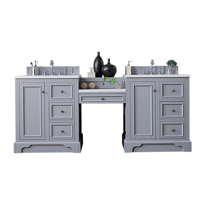 De Soto 82" Double Vanity Set, Silver Gray w/ Makeup Table, 3 CM Arctic Fall Solid Surface Top James Martin Vanities