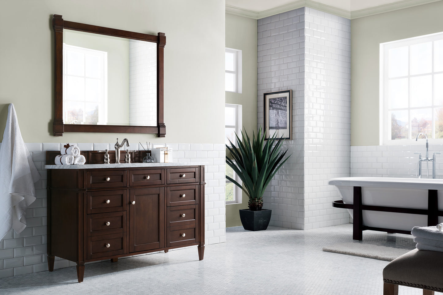 Brittany 48" Burnished Mahogany Single Vanity w/ 3 CM Carrara Marble Top James Martin Vanities