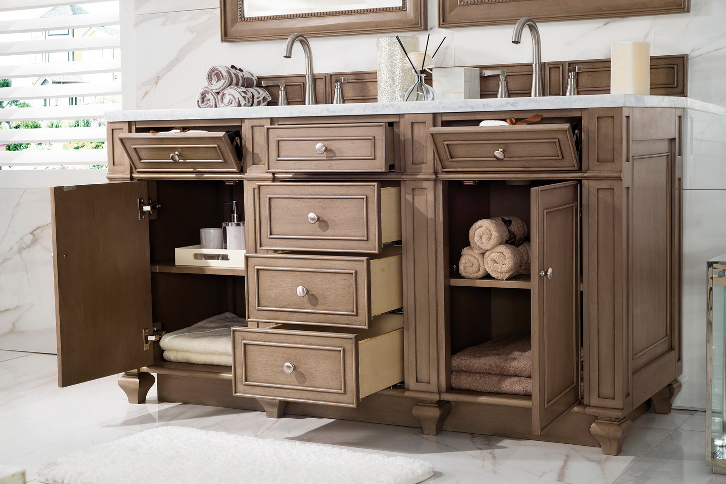 Bristol 60" Double Vanity, Whitewashed Walnut, w/ 3 CM Arctic Fall Solid Surface Top James Martin Vanities